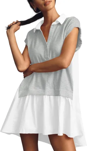 Fisoew Womens Summer Sweatshirt Dresses Short Sleeve V Neck Casual Oversized Patchwork Mini Dress