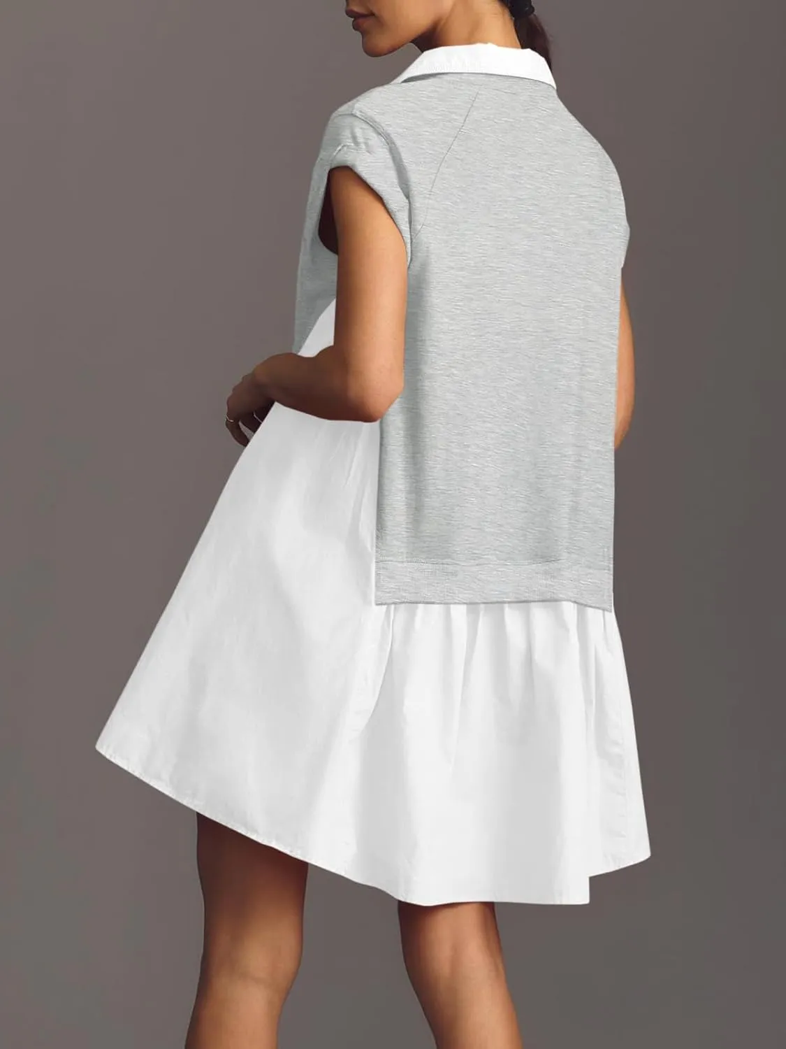 Fisoew Womens Summer Sweatshirt Dresses Short Sleeve V Neck Casual Oversized Patchwork Mini Dress