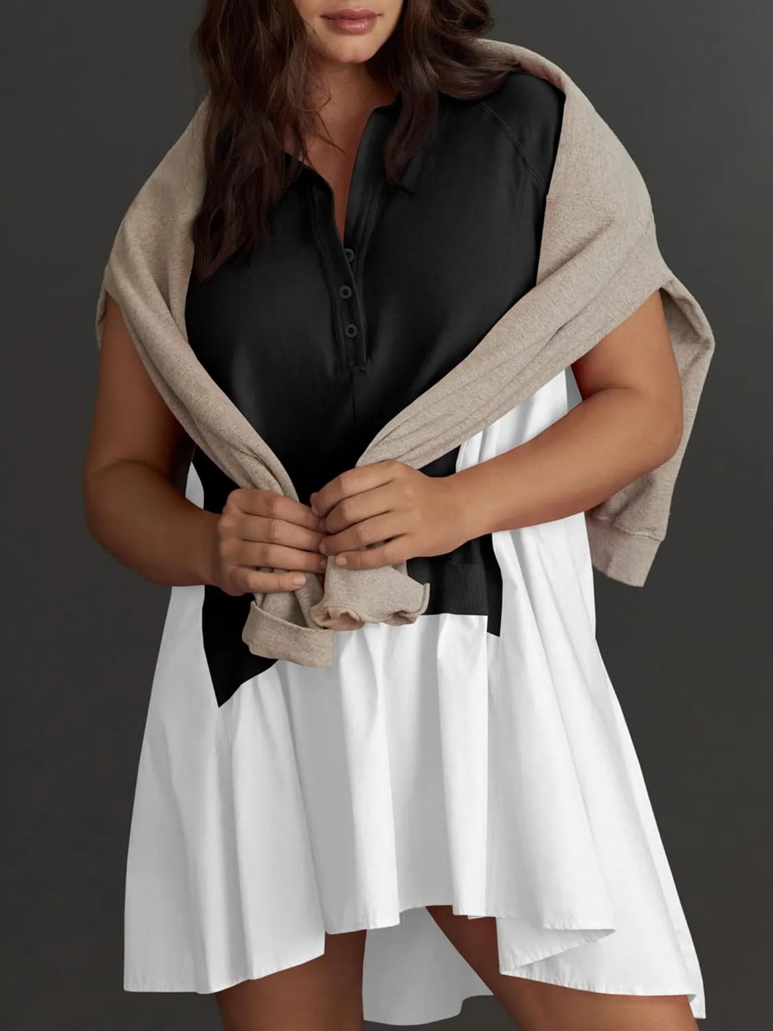 Fisoew Womens Summer Sweatshirt Dresses Short Sleeve V Neck Casual Oversized Patchwork Mini Dress