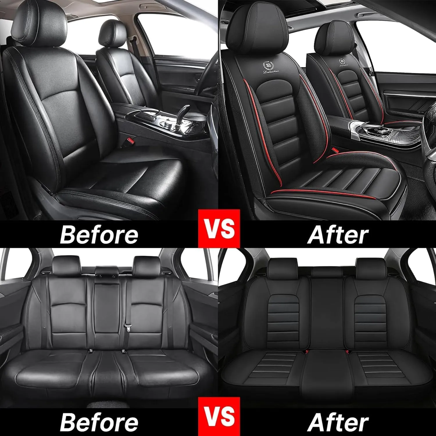Fit for 98% of BMW Car Seat Covers, Full Surround Faux Leather Anti-Slip Waterproof Auto Seat Cover(Black&Red,Full Set)