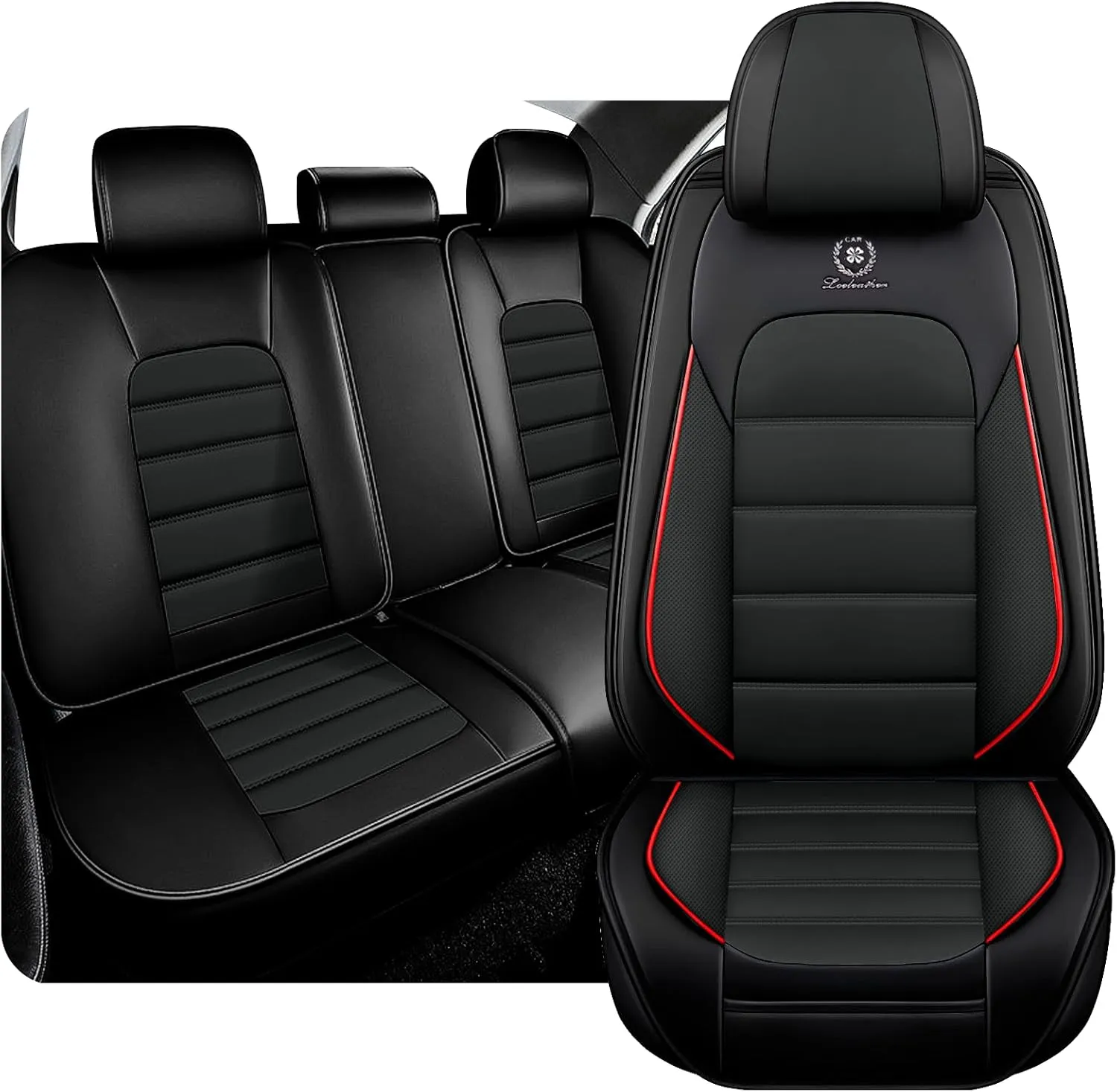 Fit for 98% of BMW Car Seat Covers, Full Surround Faux Leather Anti-Slip Waterproof Auto Seat Cover(Black&Red,Full Set)
