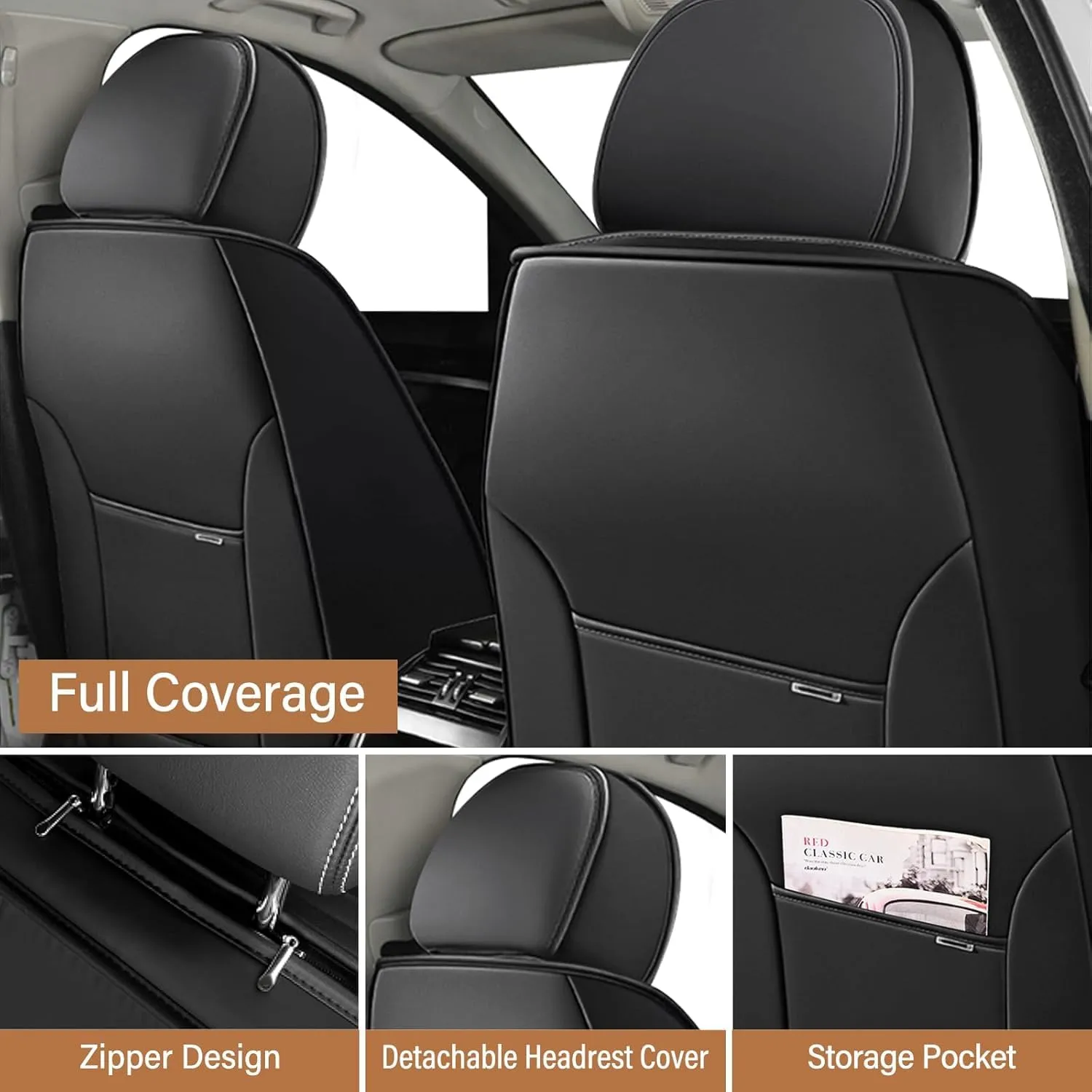 Fit for 98% of BMW Car Seat Covers, Full Surround Faux Leather Anti-Slip Waterproof Auto Seat Cover(Black&Red,Full Set)