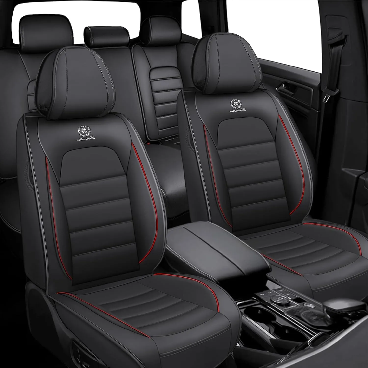 Fit for 98% of BMW Car Seat Covers, Full Surround Faux Leather Anti-Slip Waterproof Auto Seat Cover(Black&Red,Full Set)