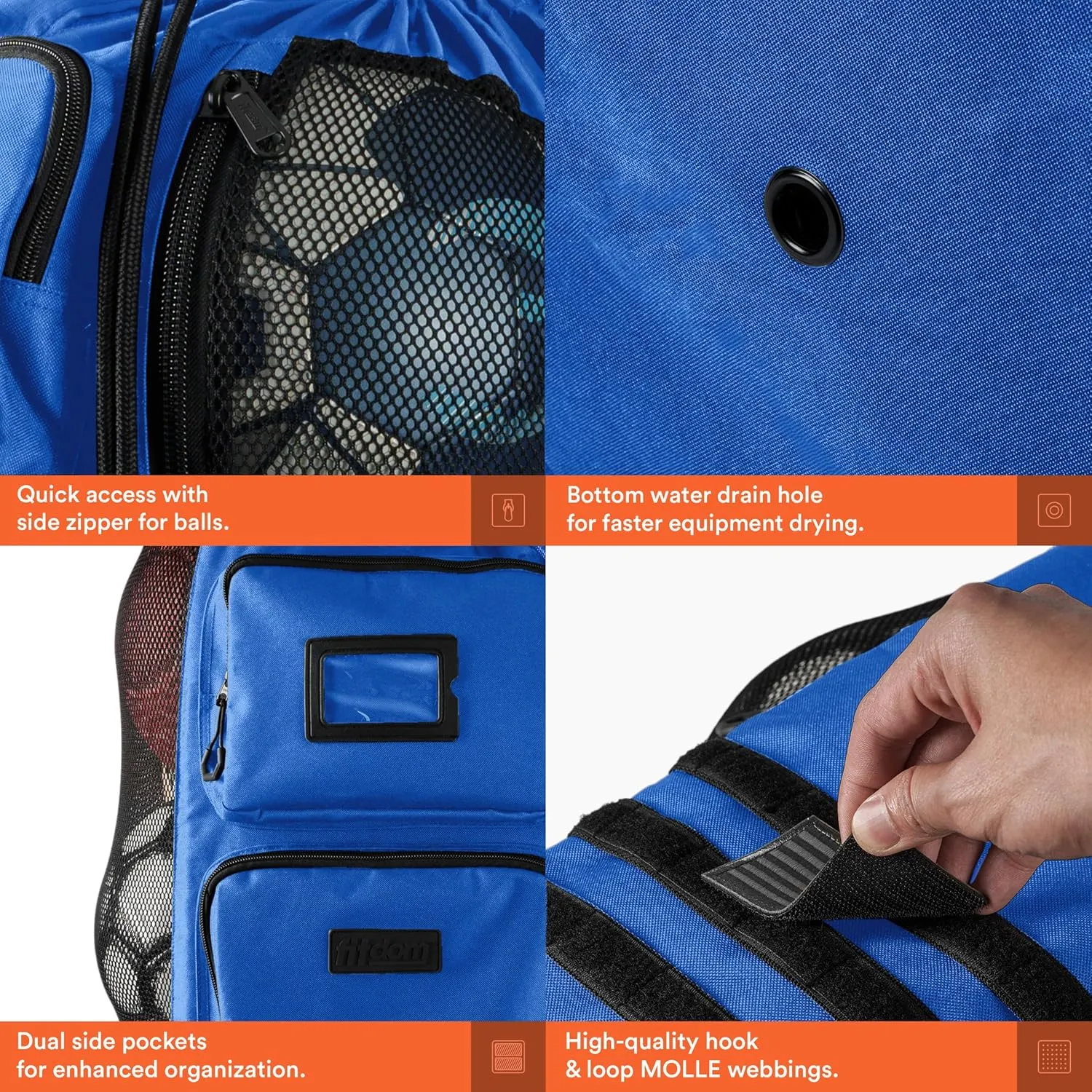 Fitdom Heavy Duty XL Soccer Mesh Equipment Ball Bag w/Adjustable Backpack Shoulder Strap Design for Coach. 2 Different Size Front Pockets for Sporting Accessories.