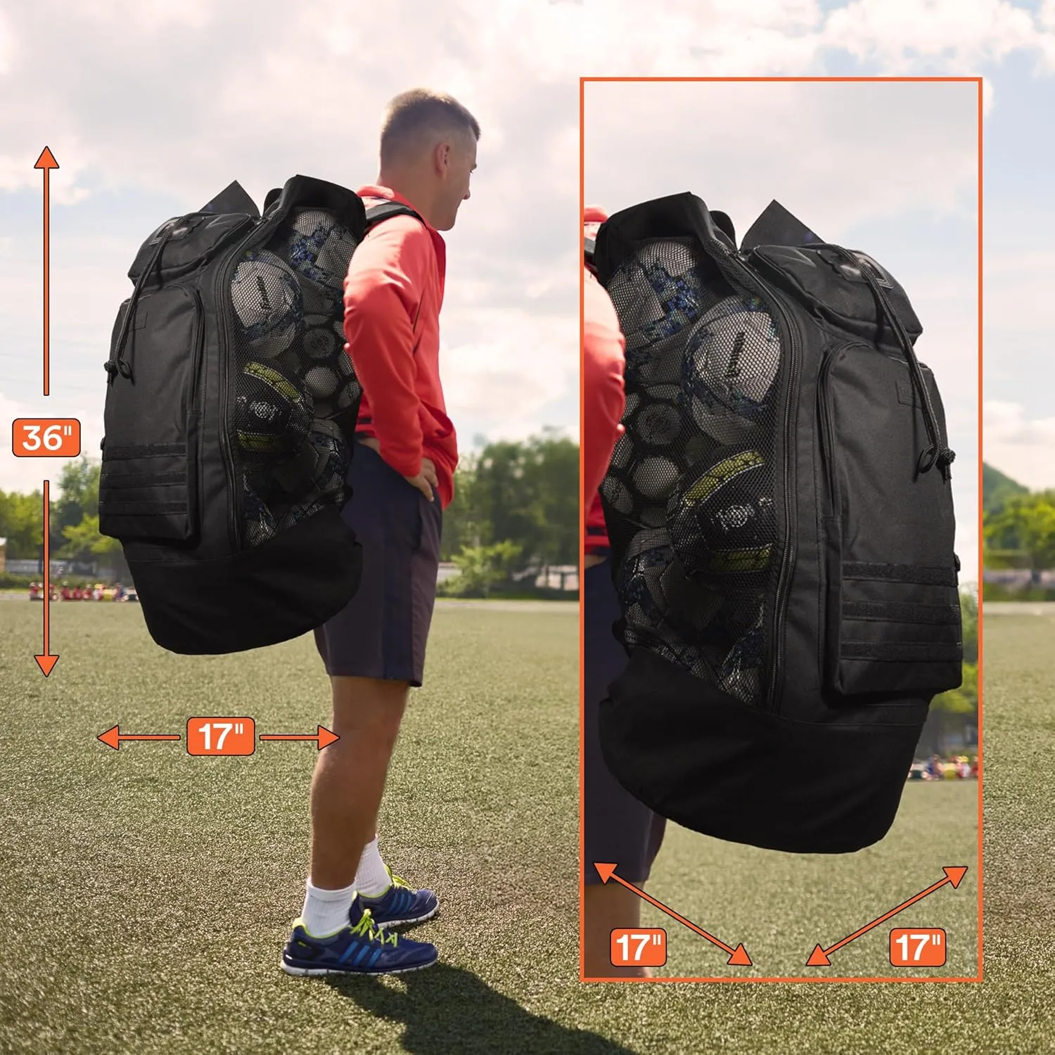 Fitdom Heavy Duty XL Soccer Mesh Equipment Ball Bag w/Adjustable Backpack Shoulder Strap Design for Coach. 2 Different Size Front Pockets for Sporting Accessories.
