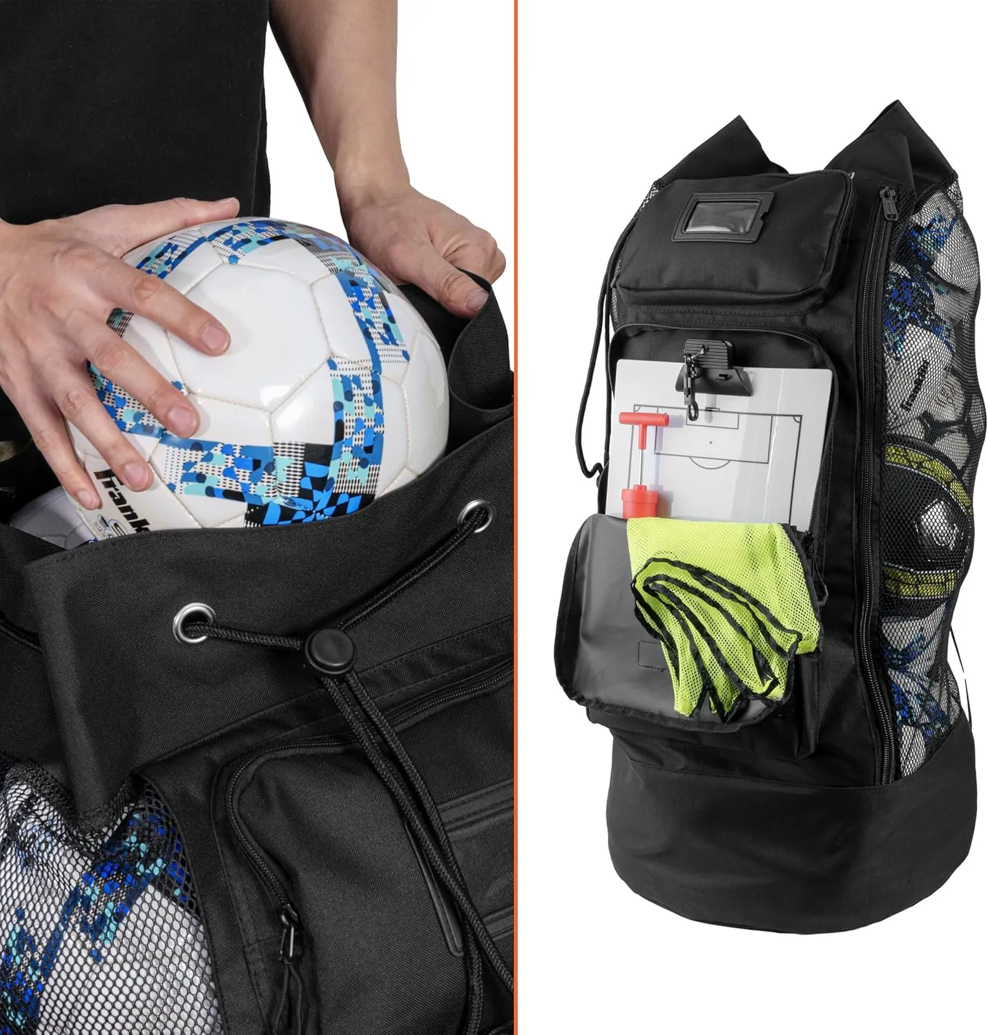 Fitdom Heavy Duty XL Soccer Mesh Equipment Ball Bag w/Adjustable Backpack Shoulder Strap Design for Coach. 2 Different Size Front Pockets for Sporting Accessories.