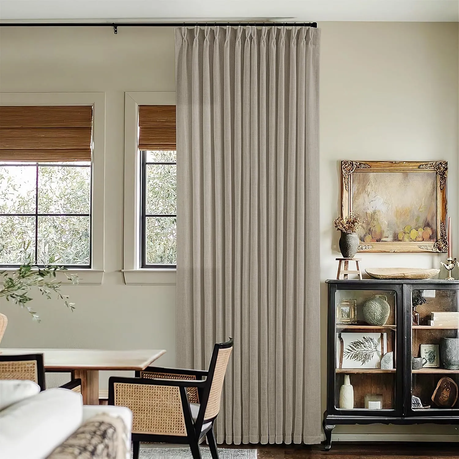 Flax Burlap 90 Inch Pinch Pleated Linen Curtains 2 Panel Set for Living Room Thick Linen Textured Drapes 90 Inches Long Pinch Pleat Drapes Semi Sheer Curtain for Dining Bedroom Office Dark Taupe