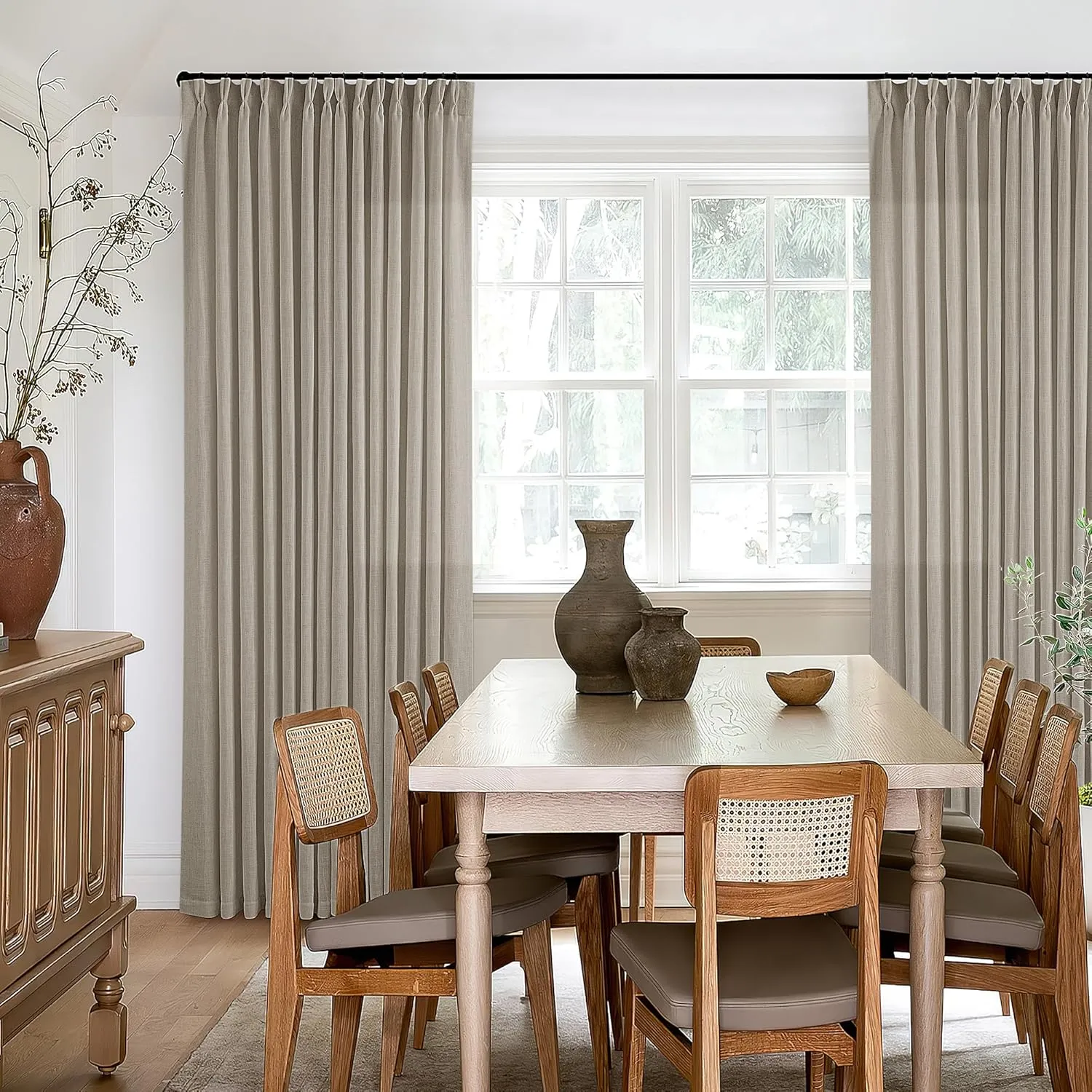 Flax Burlap 90 Inch Pinch Pleated Linen Curtains 2 Panel Set for Living Room Thick Linen Textured Drapes 90 Inches Long Pinch Pleat Drapes Semi Sheer Curtain for Dining Bedroom Office Dark Taupe