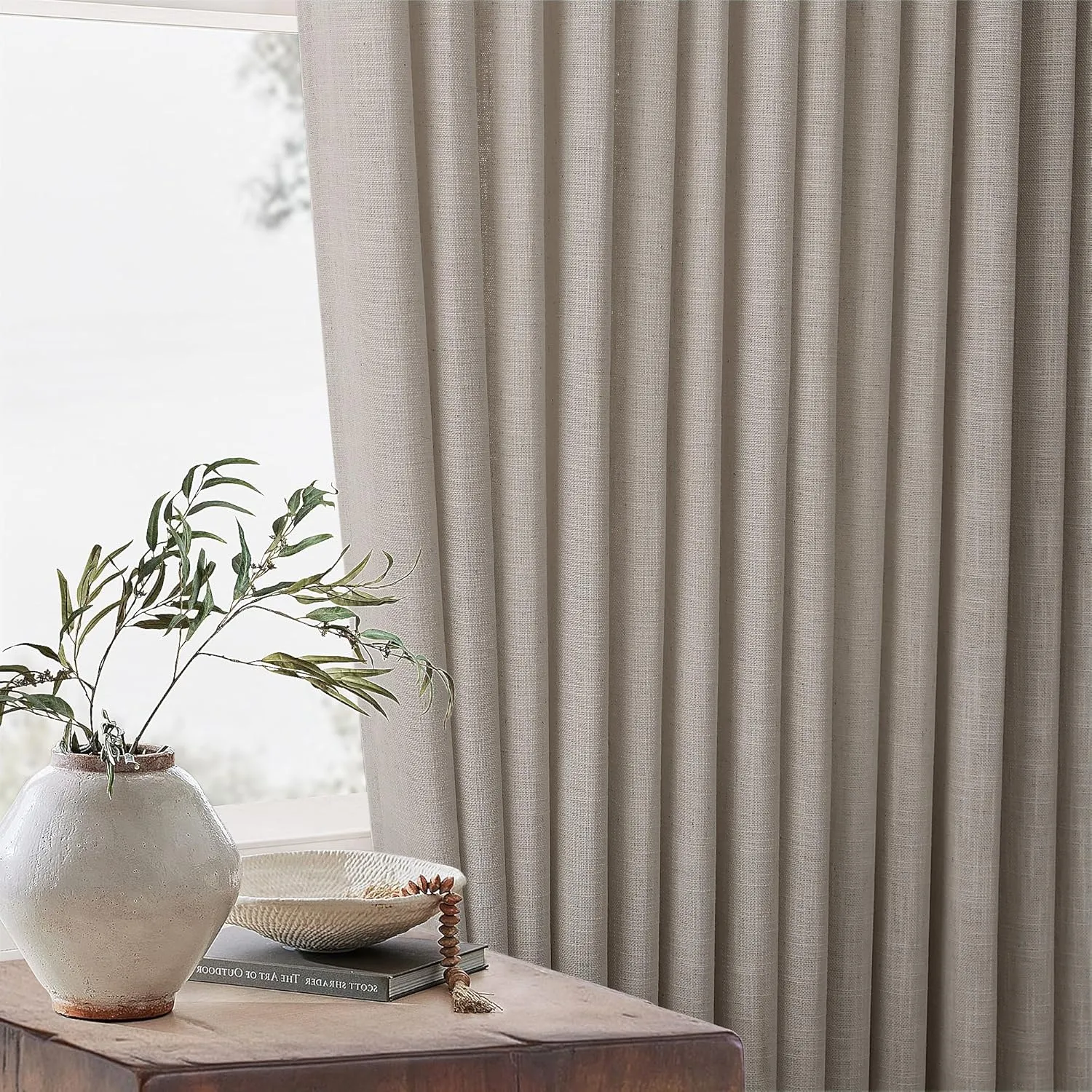 Flax Burlap 90 Inch Pinch Pleated Linen Curtains 2 Panel Set for Living Room Thick Linen Textured Drapes 90 Inches Long Pinch Pleat Drapes Semi Sheer Curtain for Dining Bedroom Office Dark Taupe