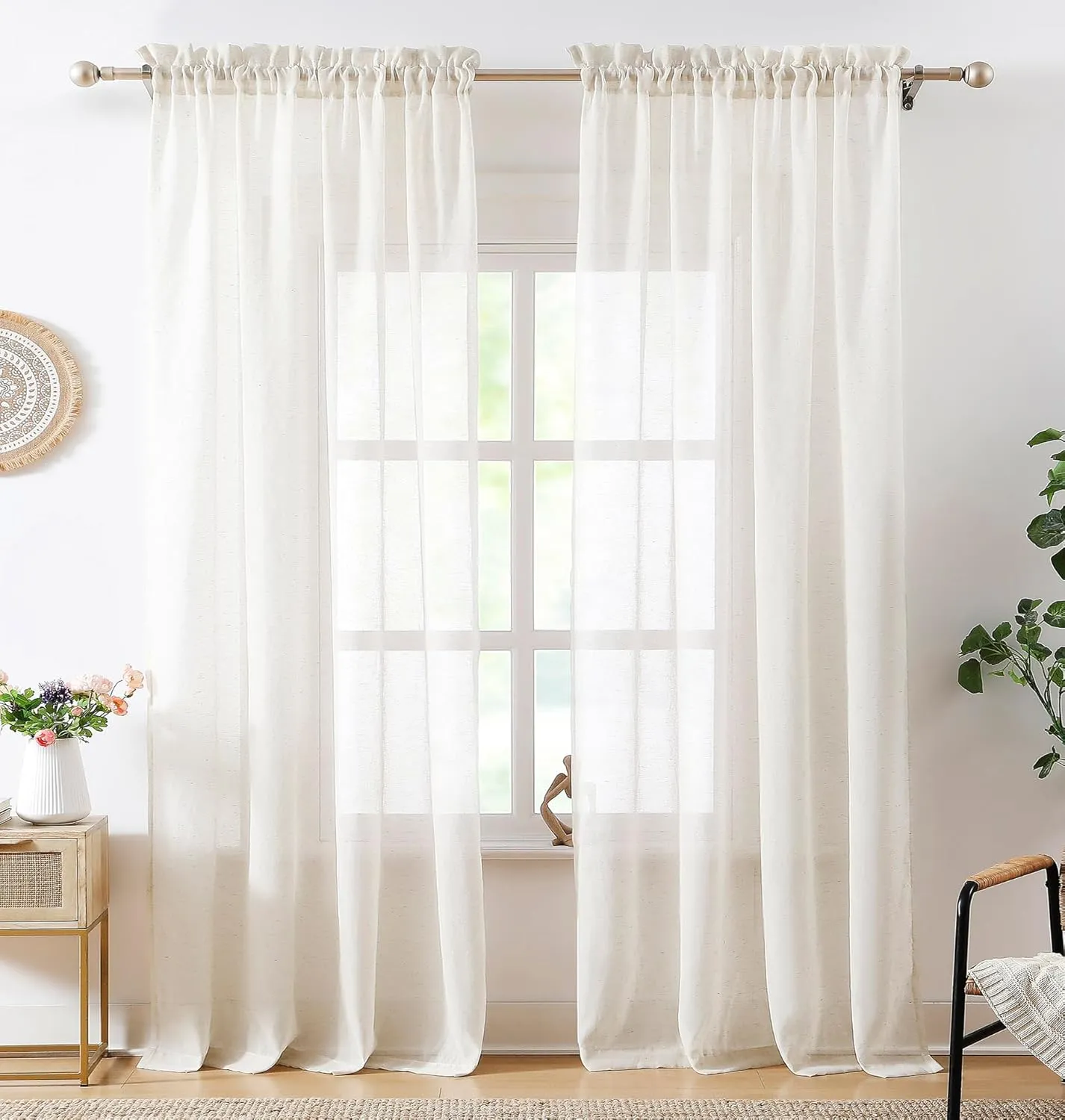Flax Sheer Linen Curtains for Living Room 84inch Long Beige Natural Flax Blend Sheer Window Drapes for Bedroom, Farmhouse, Casual Rod Pocket, 52"x84" 2 Panels, Cream White