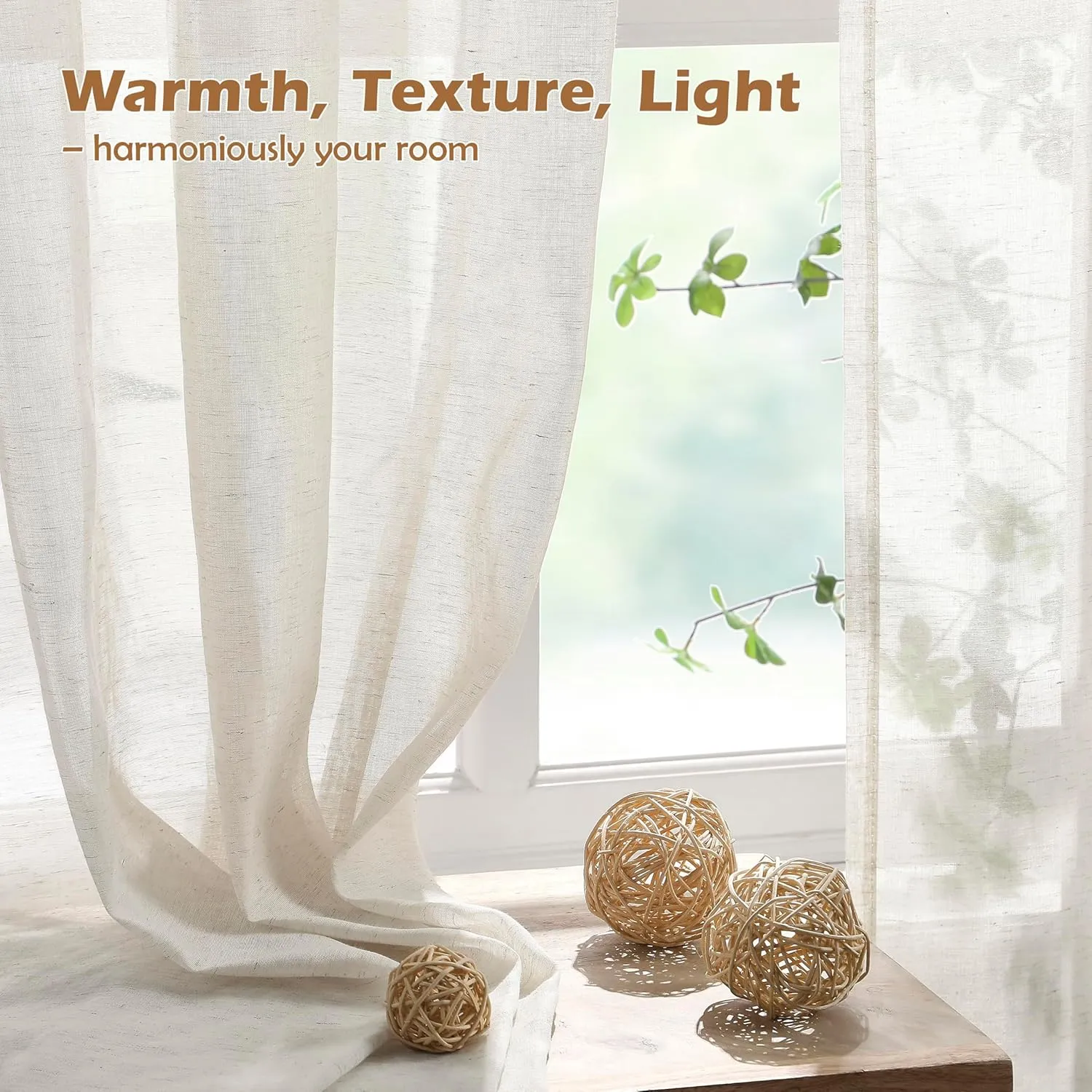 Flax Sheer Linen Curtains for Living Room 84inch Long Beige Natural Flax Blend Sheer Window Drapes for Bedroom, Farmhouse, Casual Rod Pocket, 52"x84" 2 Panels, Cream White