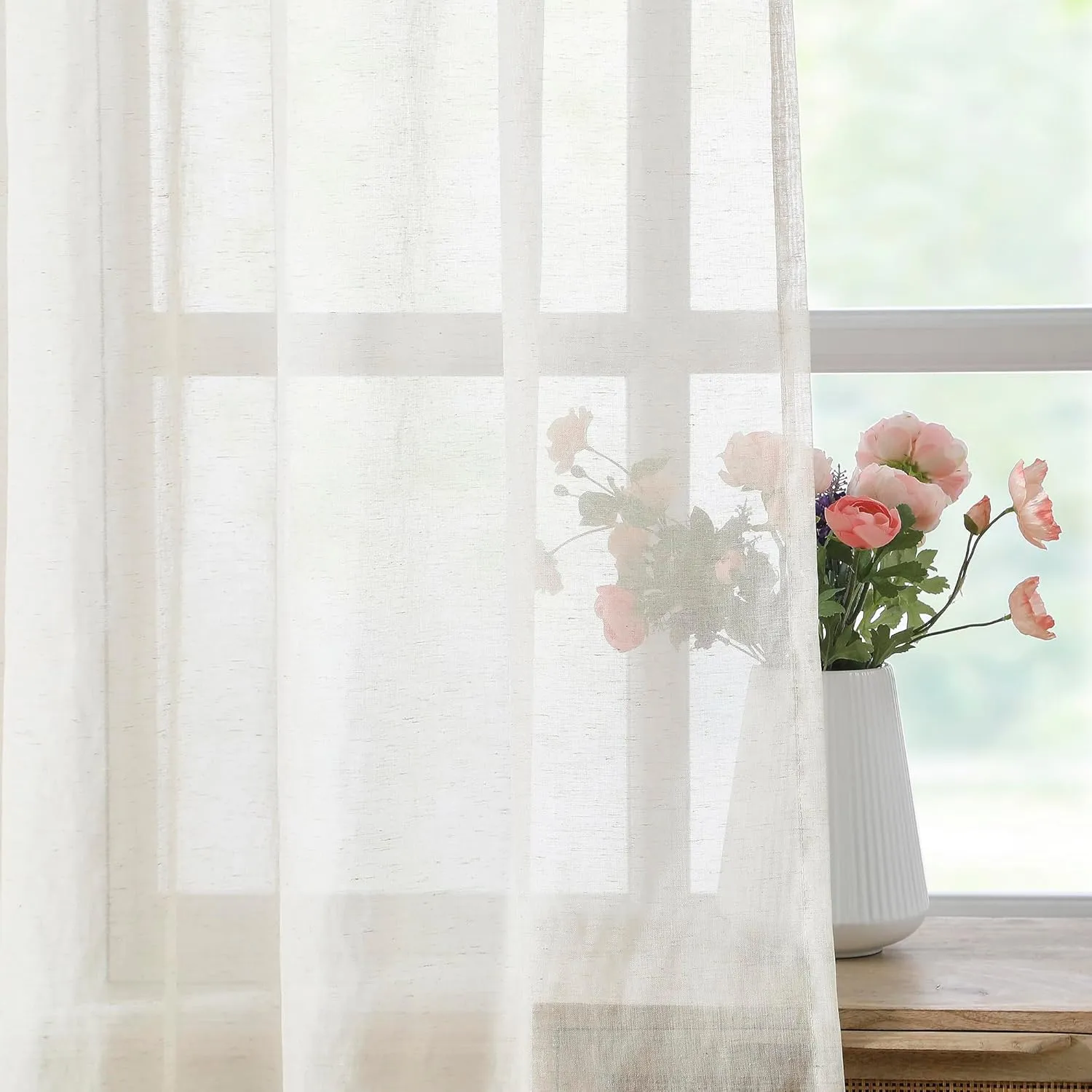 Flax Sheer Linen Curtains for Living Room 84inch Long Beige Natural Flax Blend Sheer Window Drapes for Bedroom, Farmhouse, Casual Rod Pocket, 52"x84" 2 Panels, Cream White