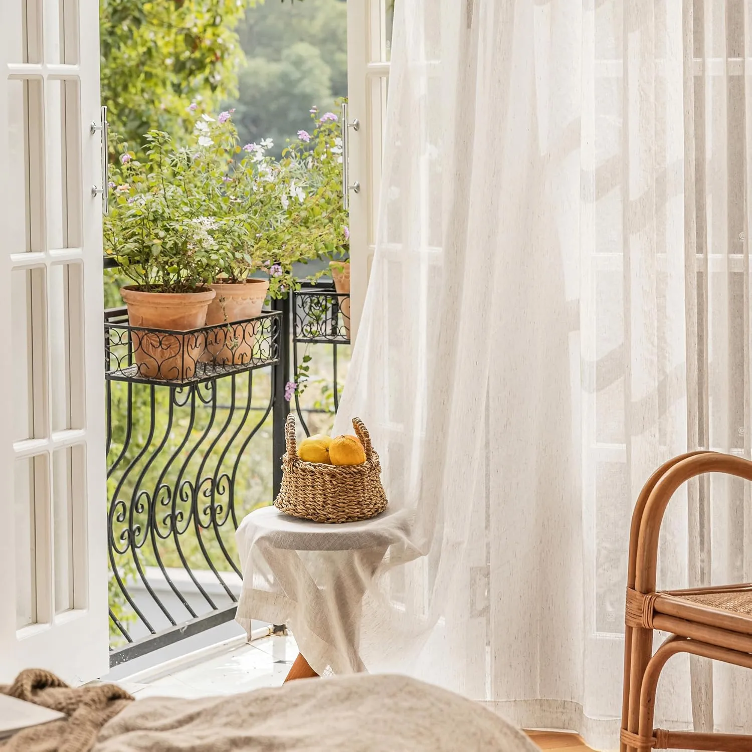 Flax Sheer Linen Curtains for Living Room 84inch Long Beige Natural Flax Blend Sheer Window Drapes for Bedroom, Farmhouse, Casual Rod Pocket, 52"x84" 2 Panels, Cream White