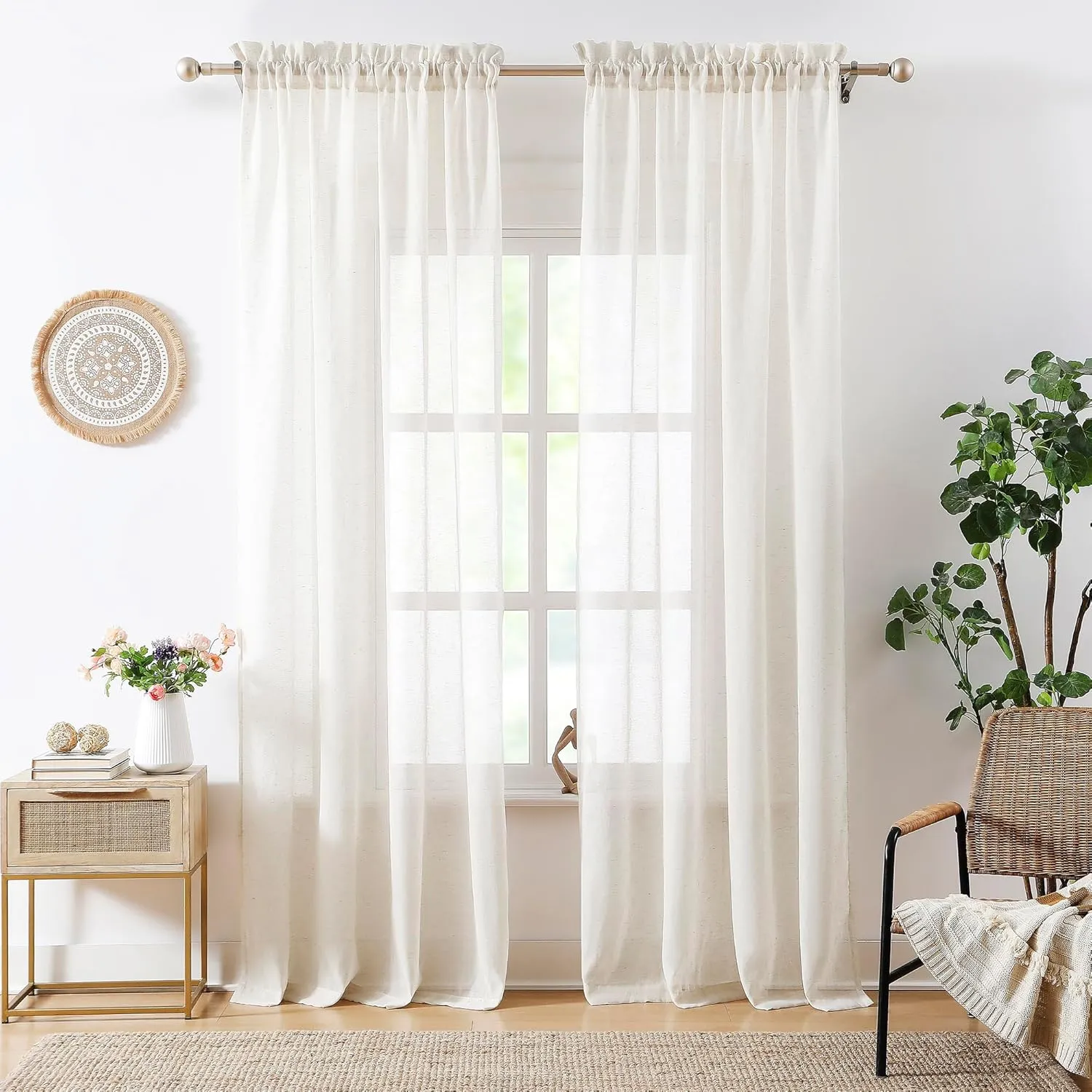 Flax Sheer Linen Curtains for Living Room 84inch Long Beige Natural Flax Blend Sheer Window Drapes for Bedroom, Farmhouse, Casual Rod Pocket, 52"x84" 2 Panels, Cream White