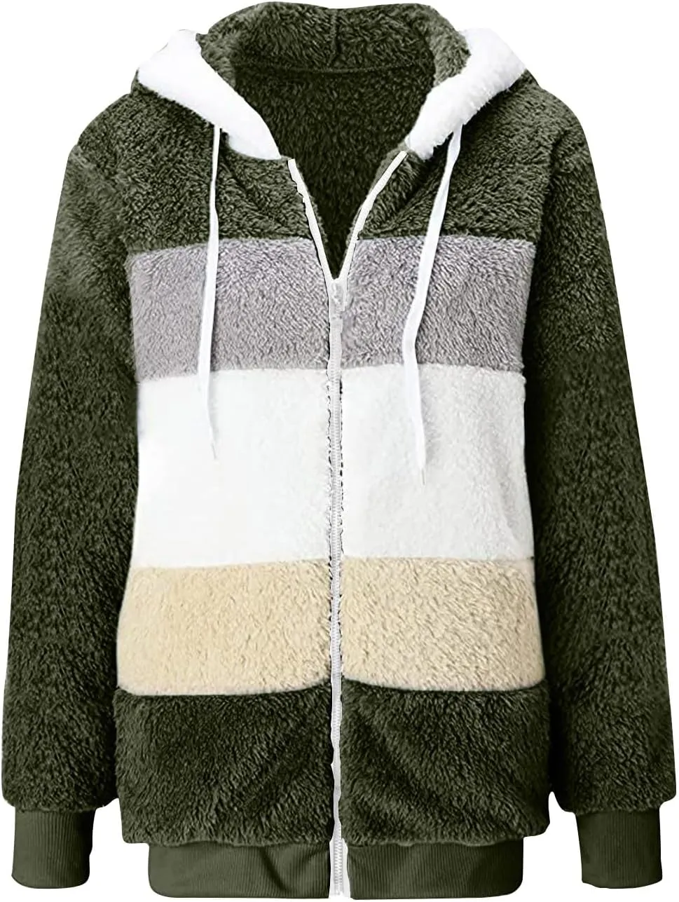 Fleece Jacket Womens Plus Size Loose Fuzzy Jacket Colorblock Plush Zip Up Hoodies Casual Faux Fur Jacket Outerwear