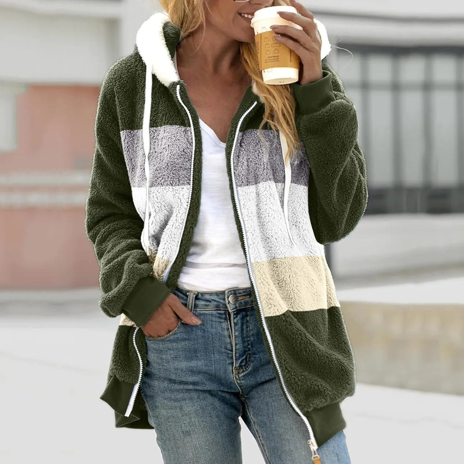 Fleece Jacket Womens Plus Size Loose Fuzzy Jacket Colorblock Plush Zip Up Hoodies Casual Faux Fur Jacket Outerwear