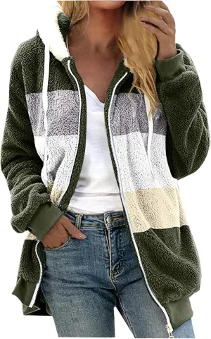Fleece Jacket Womens Plus Size Loose Fuzzy Jacket Colorblock Plush Zip Up Hoodies Casual Faux Fur Jacket Outerwear