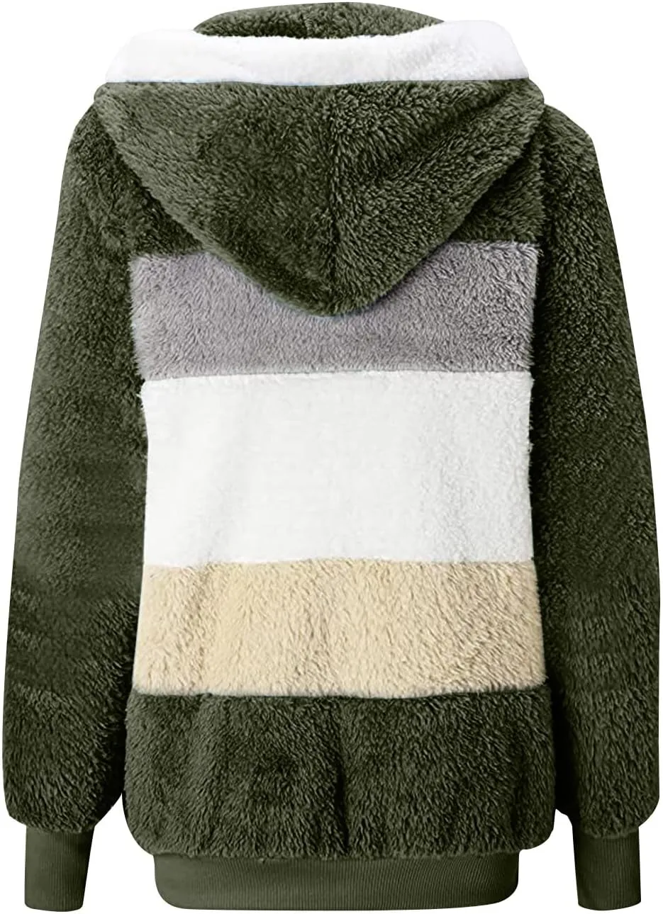 Fleece Jacket Womens Plus Size Loose Fuzzy Jacket Colorblock Plush Zip Up Hoodies Casual Faux Fur Jacket Outerwear