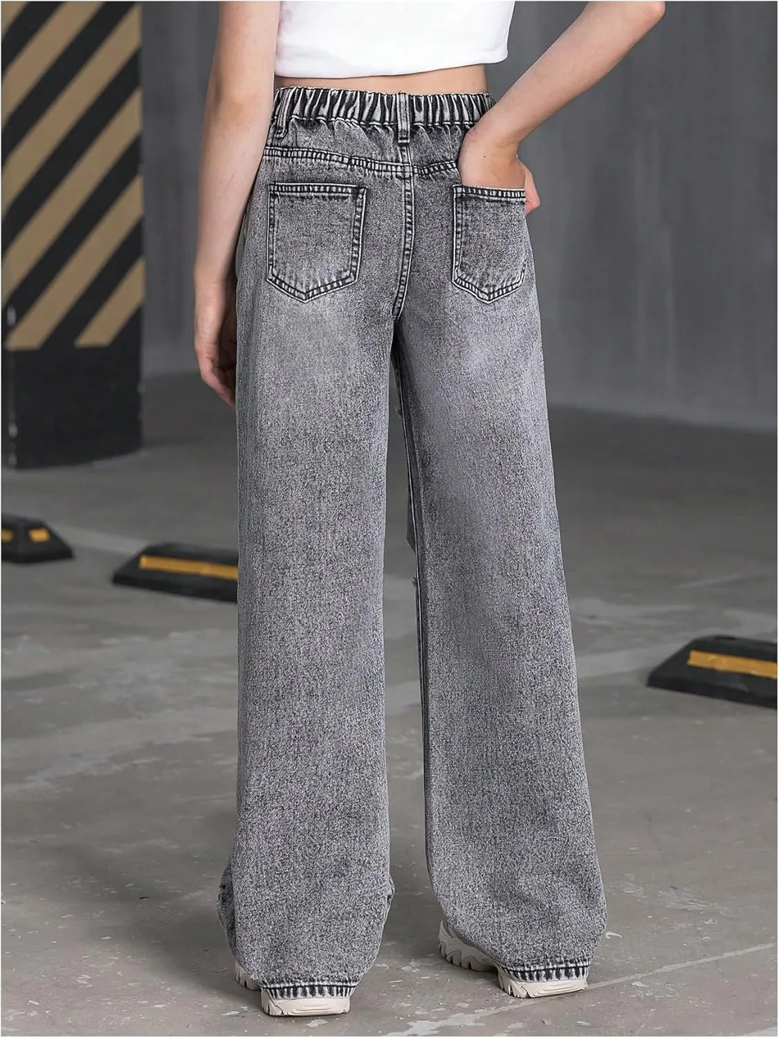 Floerns Girl's Elastic High Waist Ripped Baggy Jeans Wide Leg Distressed Denim Pants
