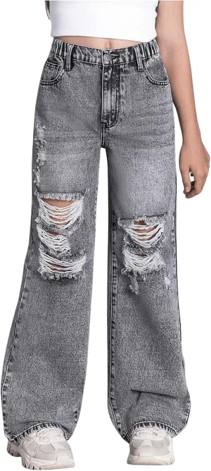 Floerns Girl's Elastic High Waist Ripped Baggy Jeans Wide Leg Distressed Denim Pants