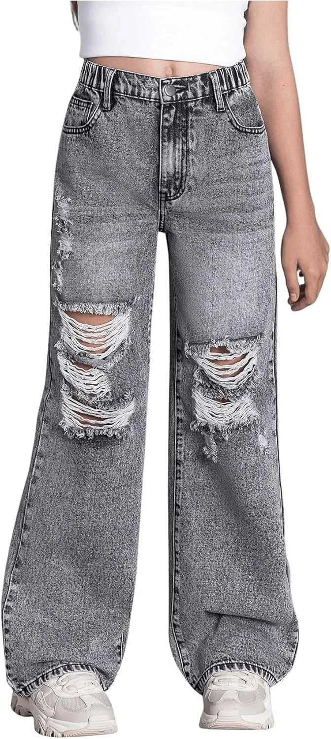 Floerns Girl's Elastic High Waist Ripped Baggy Jeans Wide Leg Distressed Denim Pants