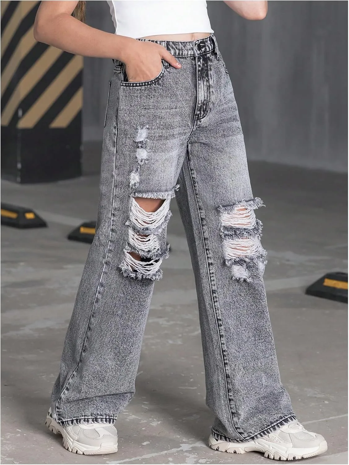 Floerns Girl's Elastic High Waist Ripped Baggy Jeans Wide Leg Distressed Denim Pants