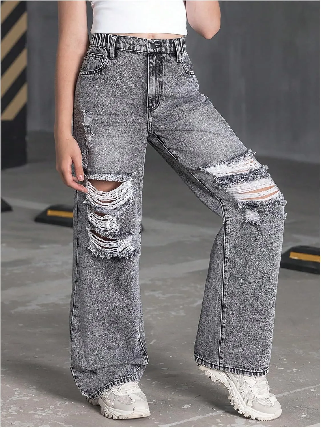 Floerns Girl's Elastic High Waist Ripped Baggy Jeans Wide Leg Distressed Denim Pants