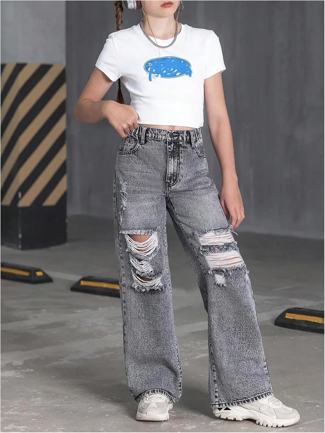Floerns Girl's Elastic High Waist Ripped Baggy Jeans Wide Leg Distressed Denim Pants