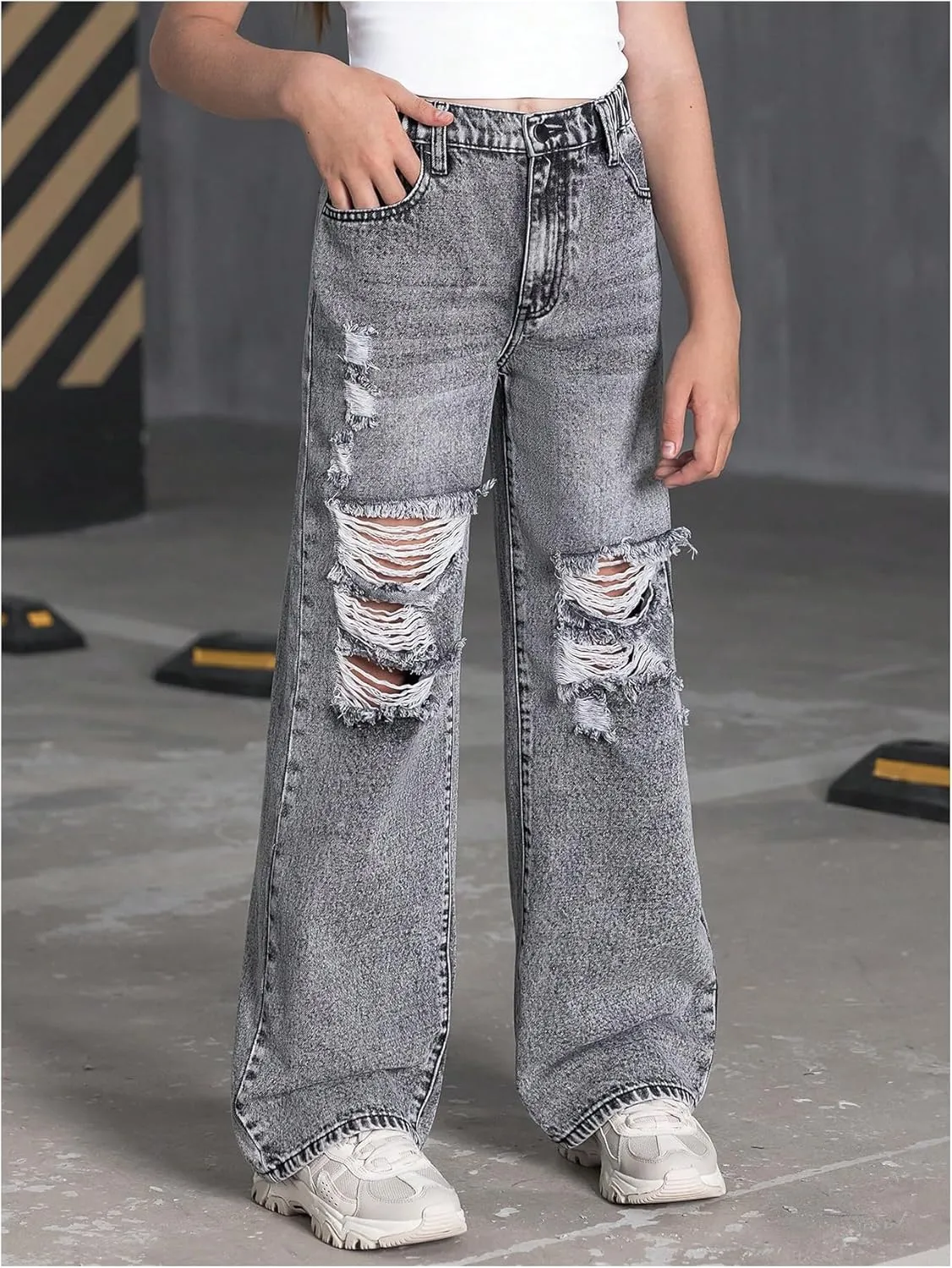 Floerns Girl's Elastic High Waist Ripped Baggy Jeans Wide Leg Distressed Denim Pants