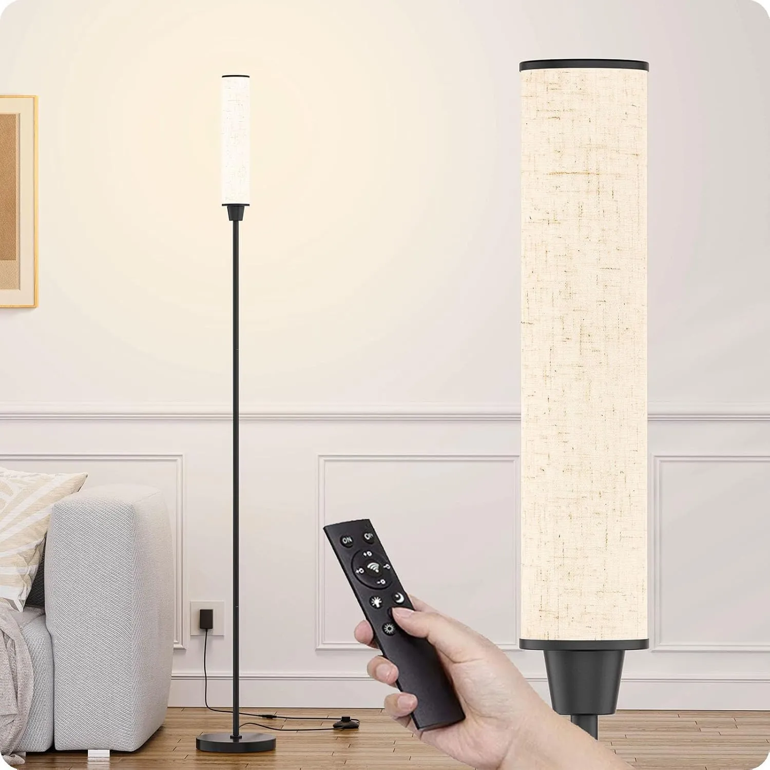 Floor Lamp with Remote Control, Floor Lamps for Living Room/Bedroom/Office, Stepless Adjustable 3000K-6000K Colors and 10-100% Brightness,Standing Light with Foot Switch (Black Beige Linen)