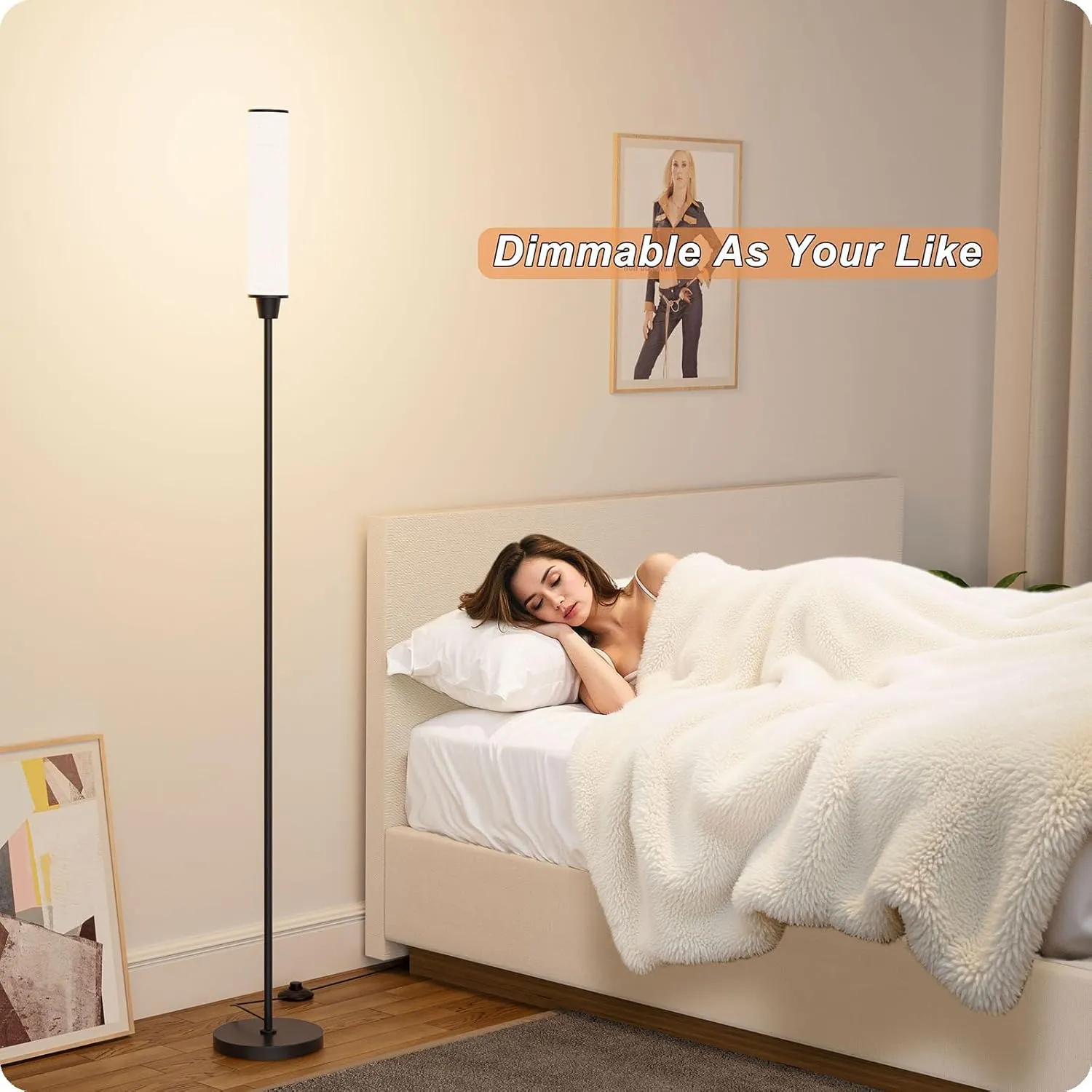 Floor Lamp with Remote Control, Floor Lamps for Living Room/Bedroom/Office, Stepless Adjustable 3000K-6000K Colors and 10-100% Brightness,Standing Light with Foot Switch (Black Beige Linen)