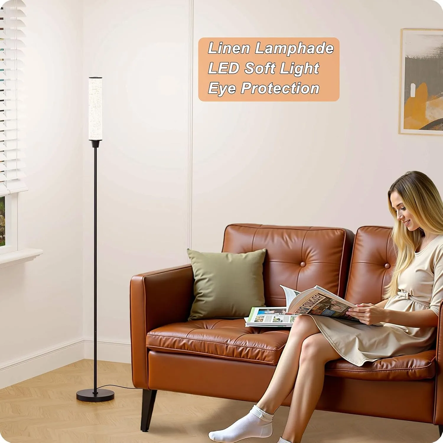 Floor Lamp with Remote Control, Floor Lamps for Living Room/Bedroom/Office, Stepless Adjustable 3000K-6000K Colors and 10-100% Brightness,Standing Light with Foot Switch (Black Beige Linen)
