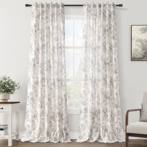 Floral Linen Curtains for Dining Room 84 inch length 2 panels Neutral Cream Black Pattern Printed Curtains Light Filtering Back Tab Semi Sheer Drapes Farmhouse French Country Curtain for Bedroom