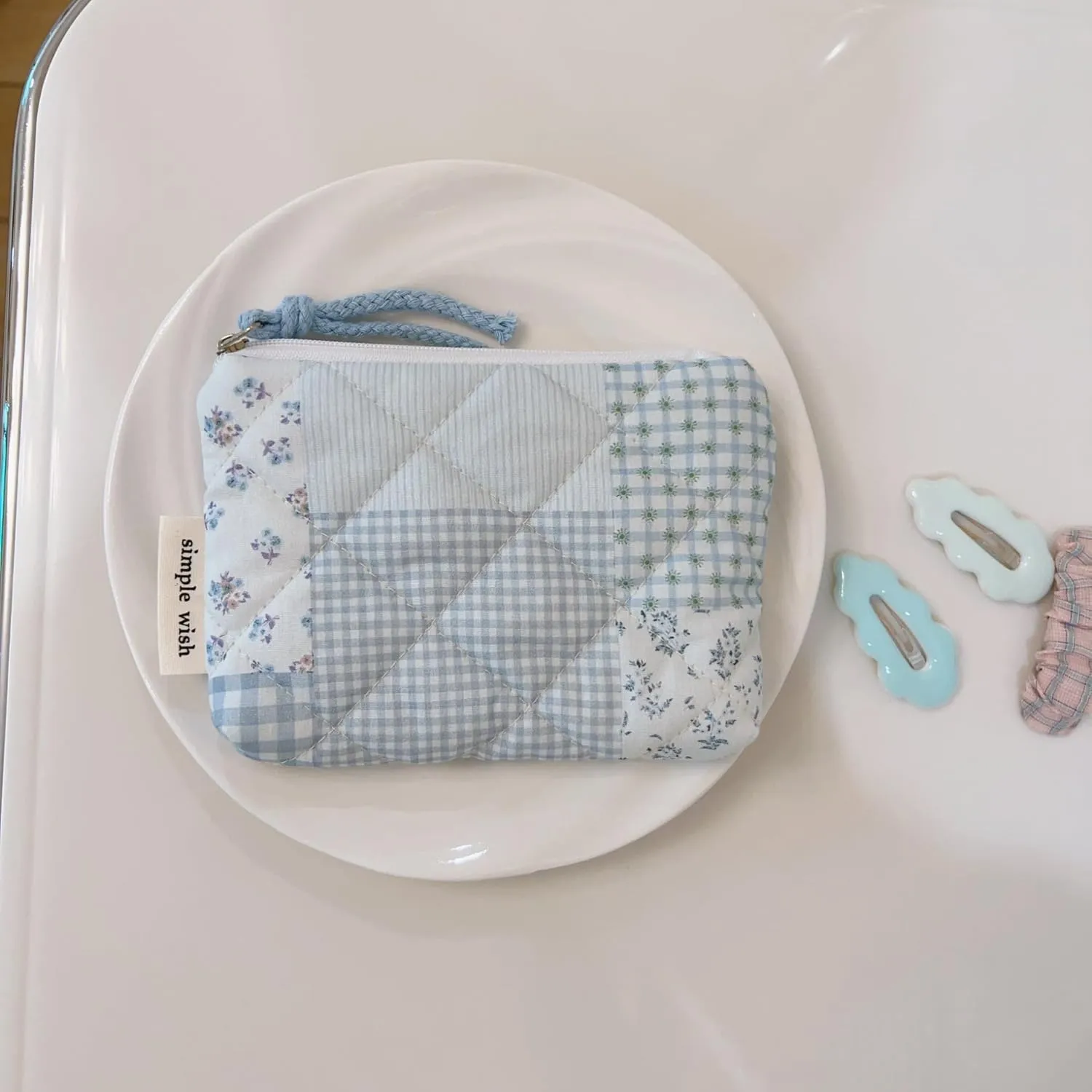 Floral Quilted Cotton Shoulder Bag Set 3-in-1 Handbag with Matching Mini Pouch Cosmetic Bag Large Capacity Tote A053 (Blue)