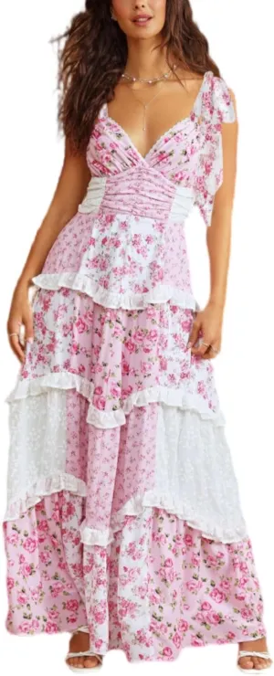 Floral Smocked Maxi Dress for Women Bohemian Tie Shoulder Flowy Beach Dress Y2k Cute Patchwork Long Ruffle Sundress