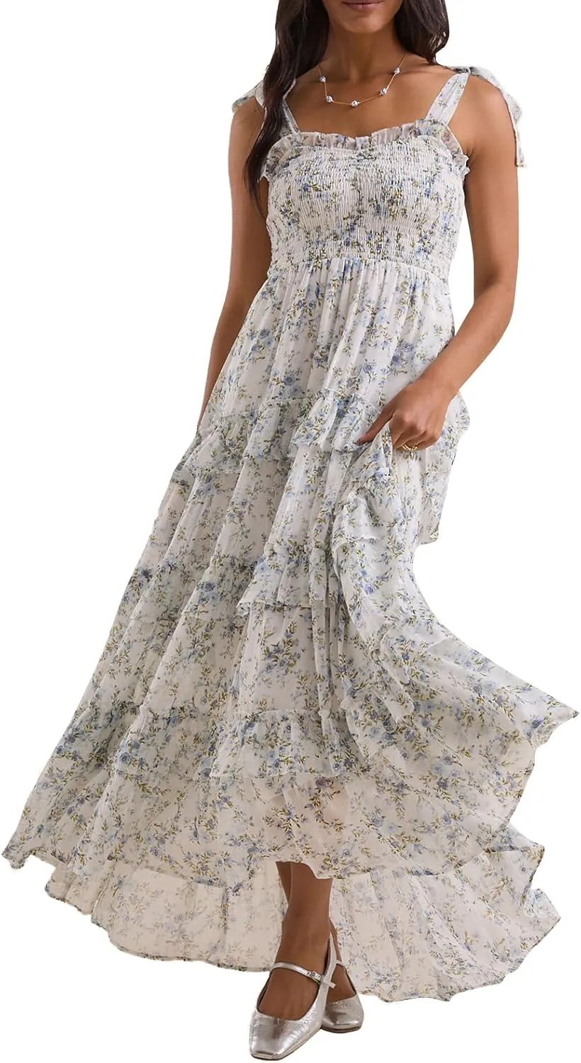 Floral Smocked Maxi Dress for Women Bohemian Tie Shoulder Flowy Beach Dress Y2k Cute Patchwork Long Ruffle Sundress
