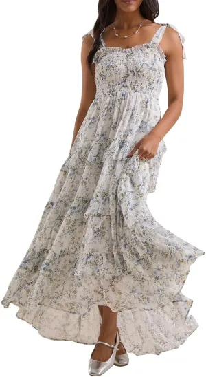 Floral Smocked Maxi Dress for Women Bohemian Tie Shoulder Flowy Beach Dress Y2k Cute Patchwork Long Ruffle Sundress