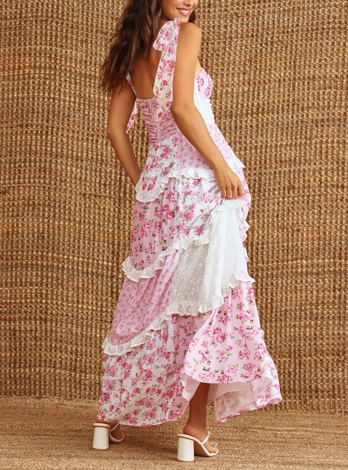 Floral Smocked Maxi Dress for Women Bohemian Tie Shoulder Flowy Beach Dress Y2k Cute Patchwork Long Ruffle Sundress