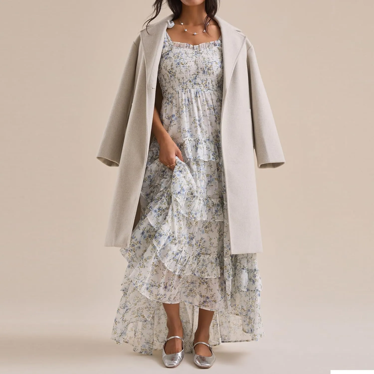Floral Smocked Maxi Dress for Women Bohemian Tie Shoulder Flowy Beach Dress Y2k Cute Patchwork Long Ruffle Sundress