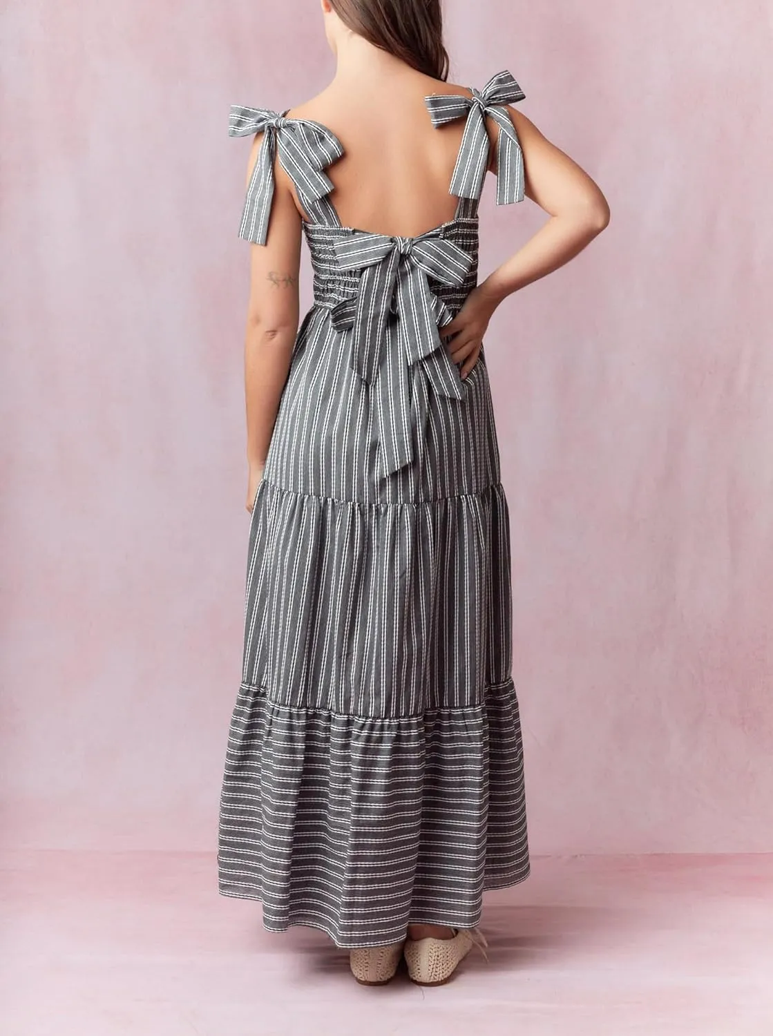 Floral Smocked Maxi Dress for Women Bohemian Tie Shoulder Flowy Beach Dress Y2k Cute Patchwork Long Ruffle Sundress
