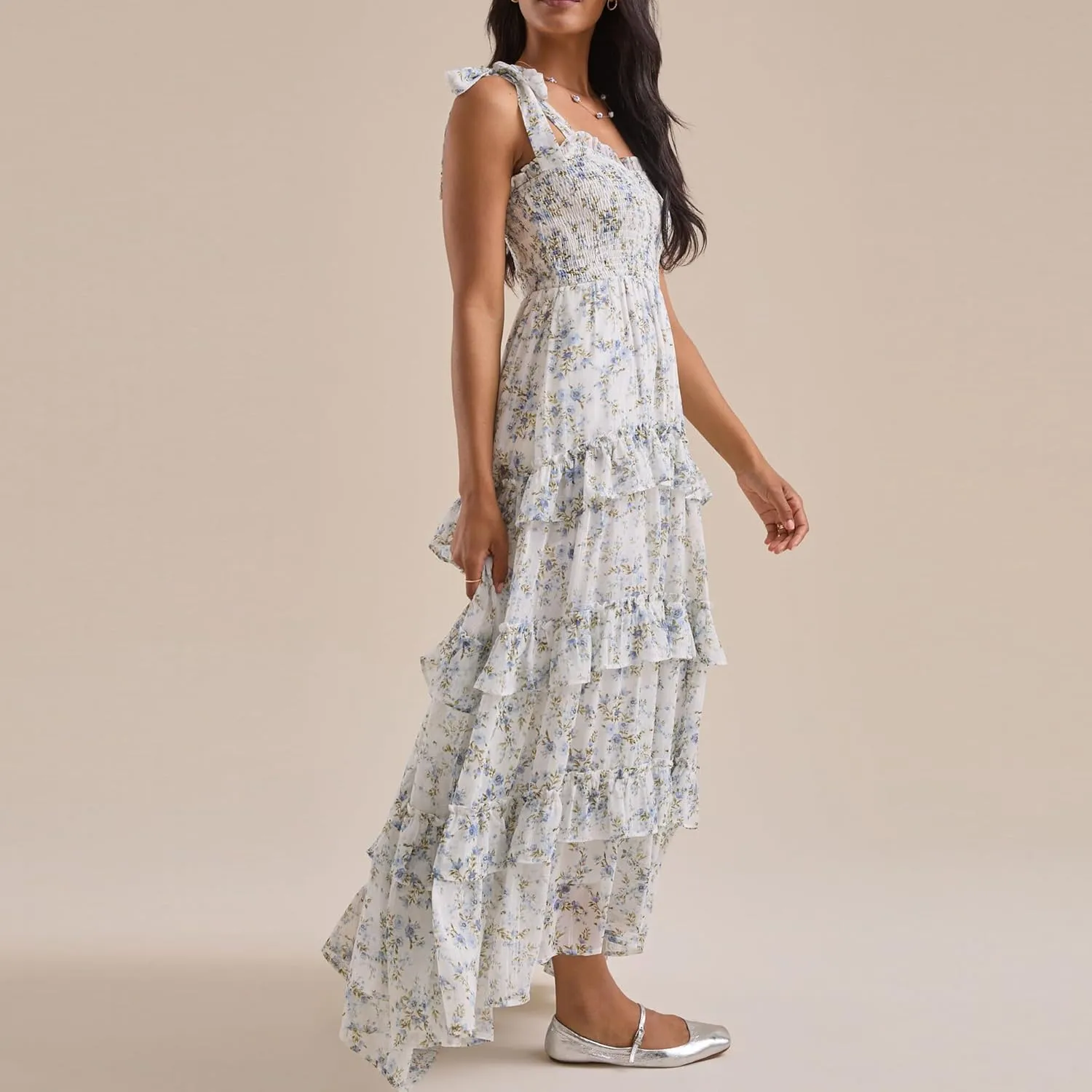 Floral Smocked Maxi Dress for Women Bohemian Tie Shoulder Flowy Beach Dress Y2k Cute Patchwork Long Ruffle Sundress