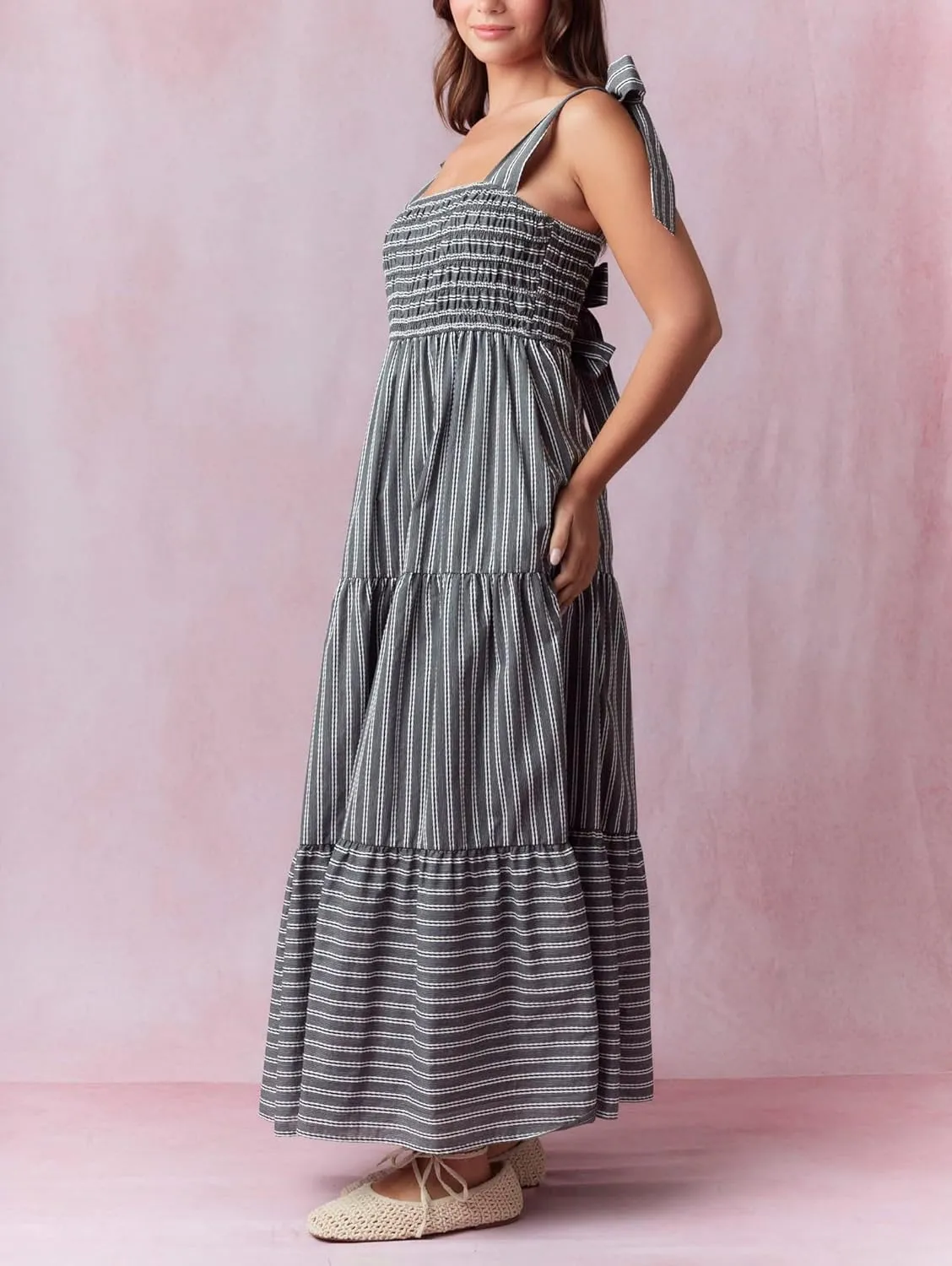 Floral Smocked Maxi Dress for Women Bohemian Tie Shoulder Flowy Beach Dress Y2k Cute Patchwork Long Ruffle Sundress