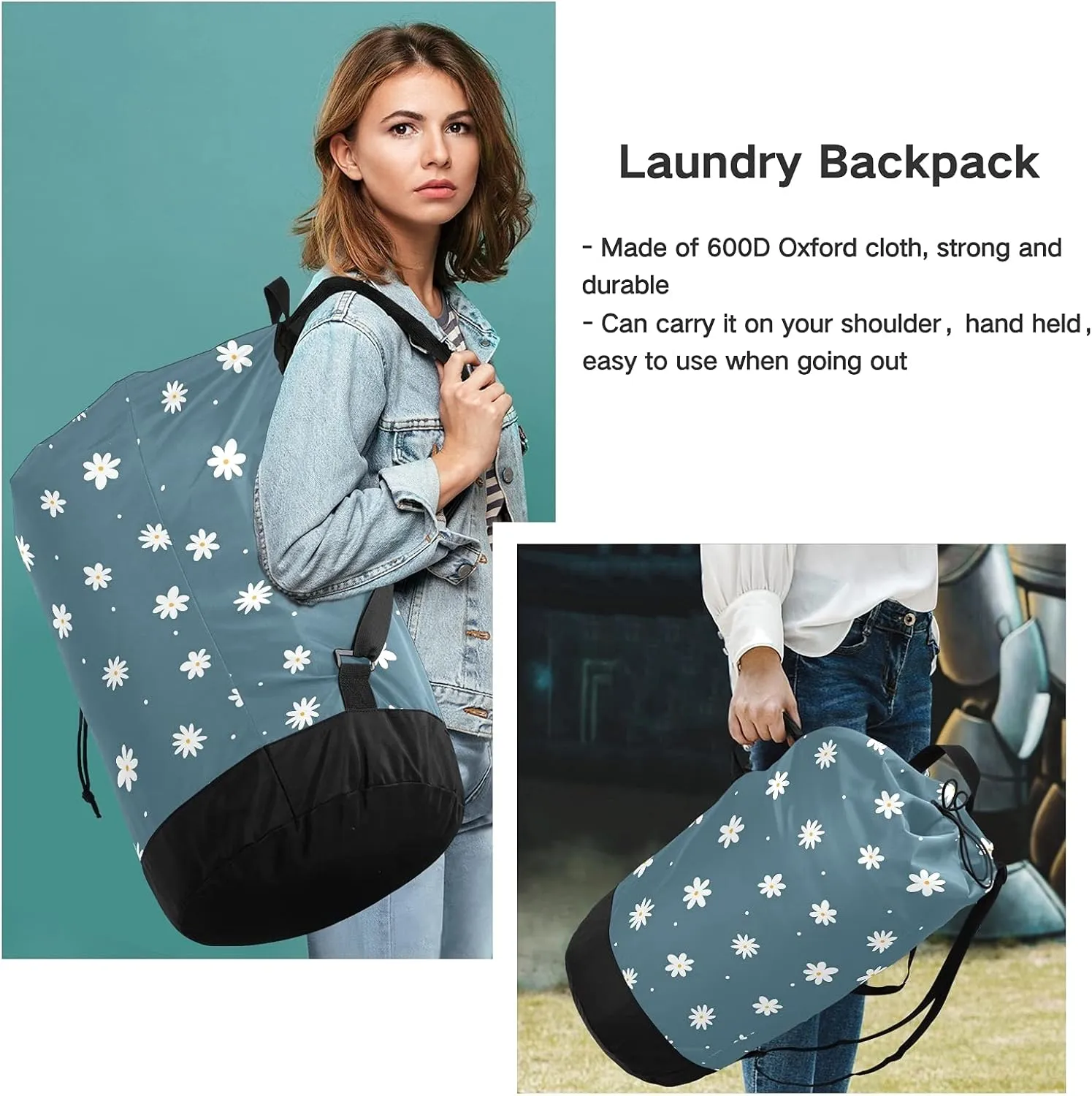 Flower Cute Laundry Bag Backpack with Shoulder Straps Daisy Dirty Clothes Organizer Extra Large Heavy Duty for Camp College Dorm Room Essentials for Girls