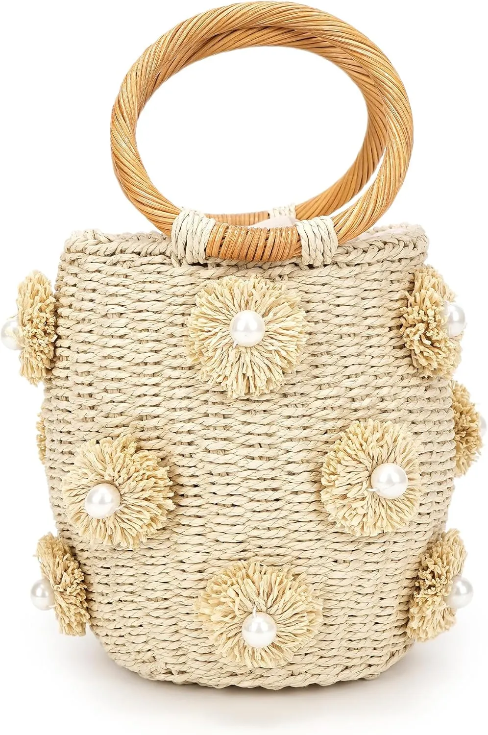 Flower Pearls Straw Bag, Rattan Tote, Summer Beach Handbag, Woven Drawstring for Women Beige