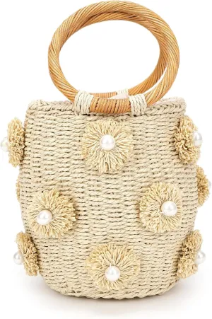 Flower Pearls Straw Bag, Rattan Tote, Summer Beach Handbag, Woven Drawstring for Women Beige