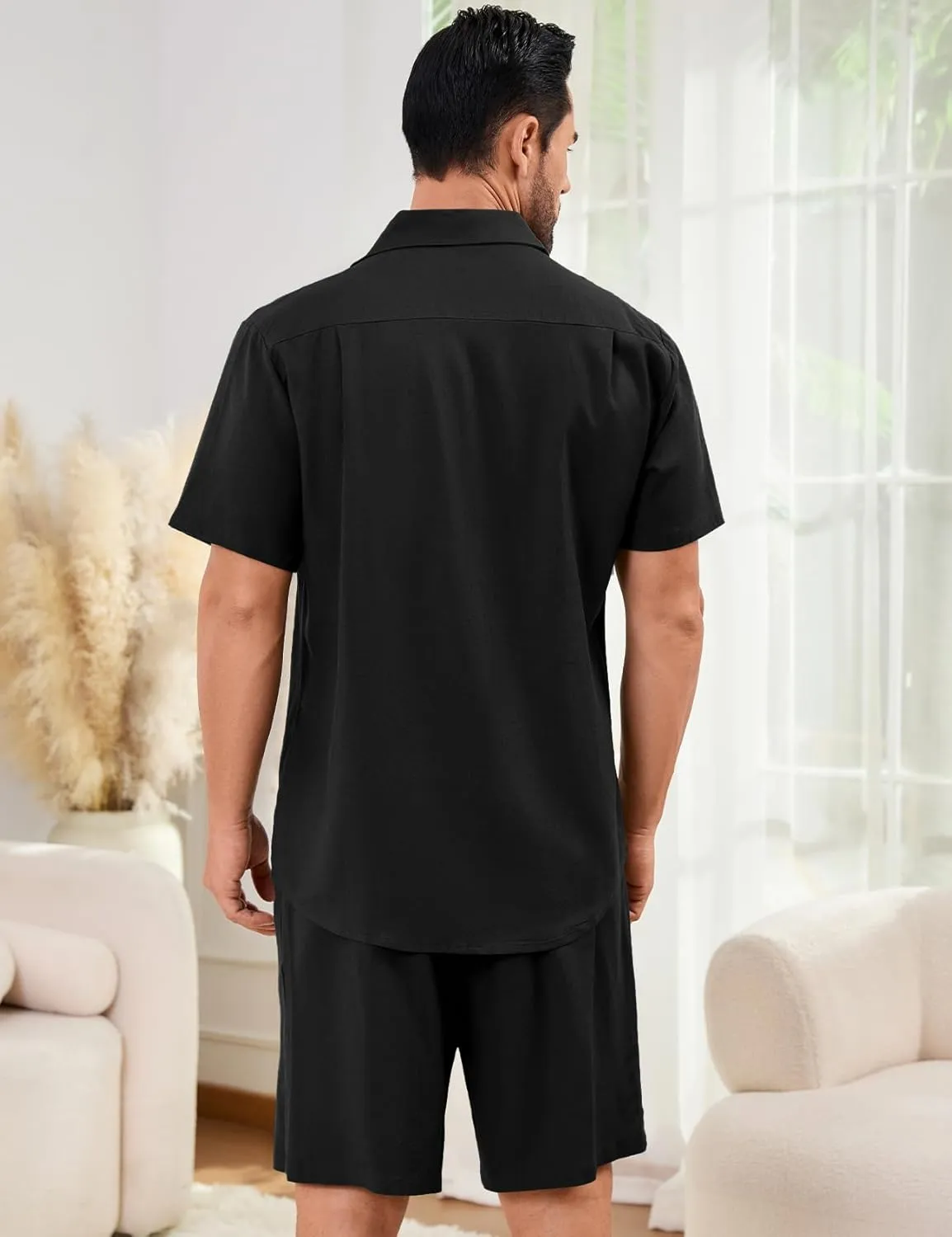 Flygo Men Cotton Linen Sets Outfits 2 Piece Summer Short Sleeve Shirt and Shorts Set Beach Wear Vacation Outfit