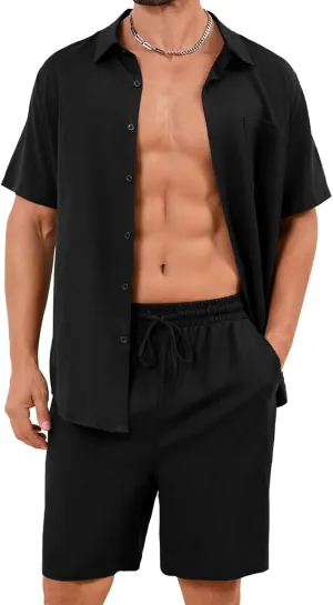 Flygo Men Cotton Linen Sets Outfits 2 Piece Summer Short Sleeve Shirt and Shorts Set Beach Wear Vacation Outfit