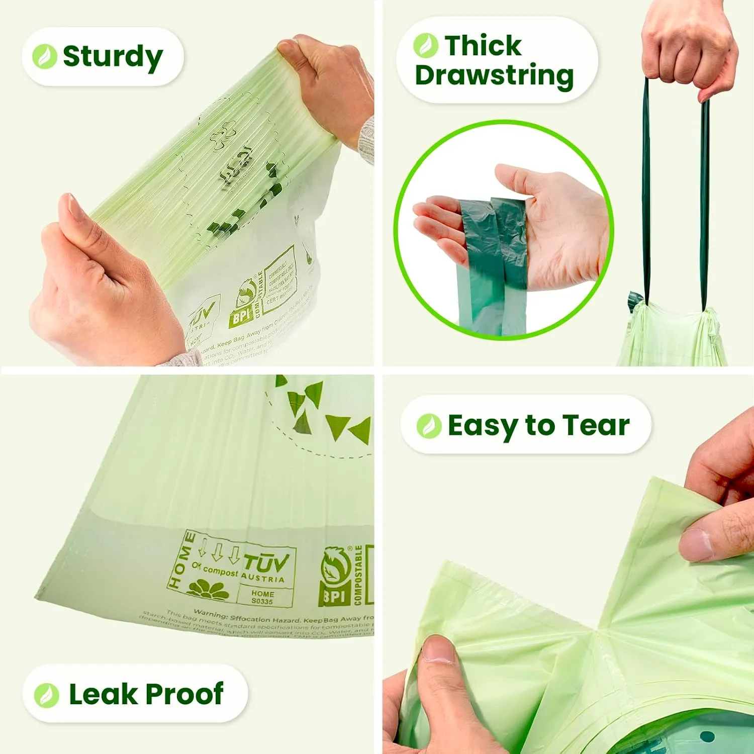 FMP Brands 200 Count 4 Gallon 100% Compostable Trash Bags with Drawstring, Extra Thick 0.8 Mil, Leak-Proof Small Kitchen Garbage Bag, Waste Basket Liners, ASTM D6400, US BPI, OK Compost Certified