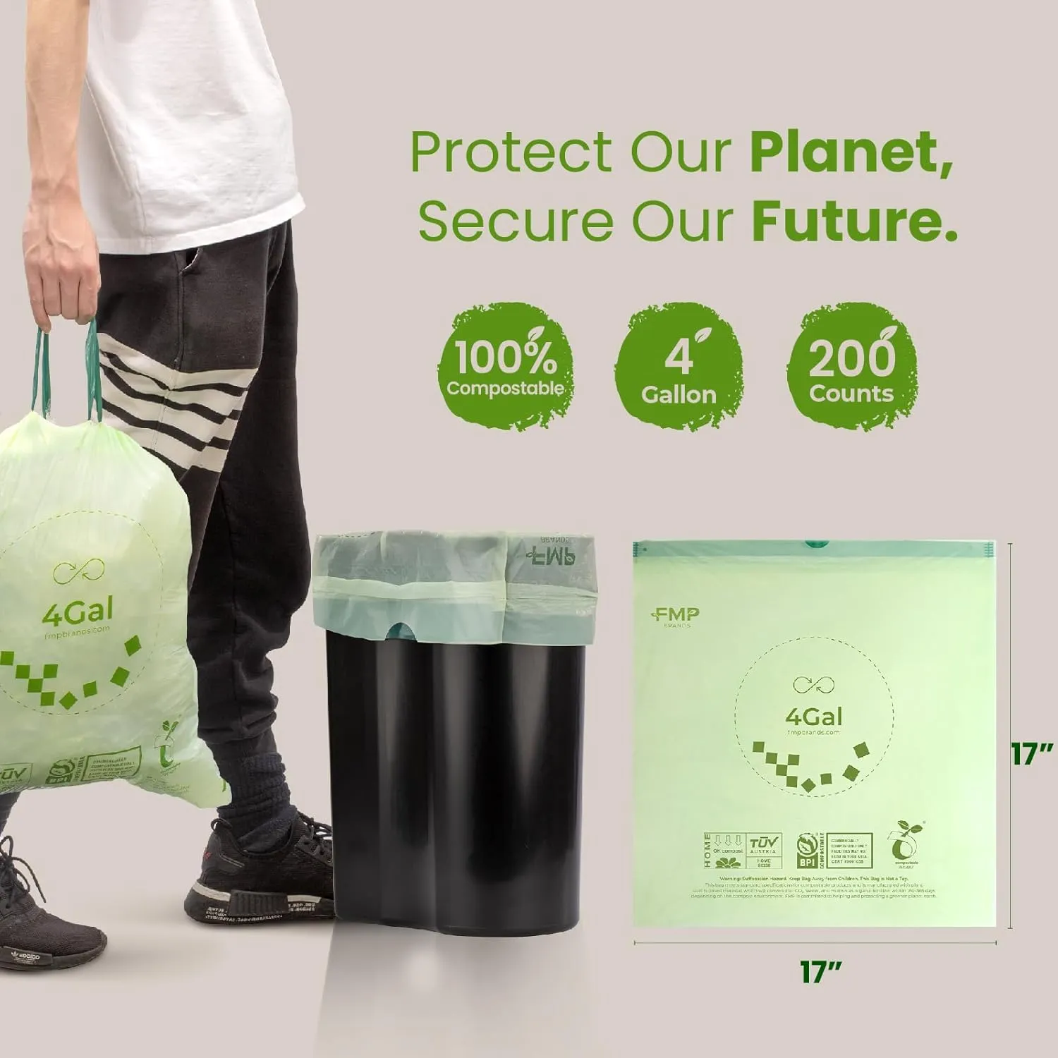 FMP Brands 200 Count 4 Gallon 100% Compostable Trash Bags with Drawstring, Extra Thick 0.8 Mil, Leak-Proof Small Kitchen Garbage Bag, Waste Basket Liners, ASTM D6400, US BPI, OK Compost Certified