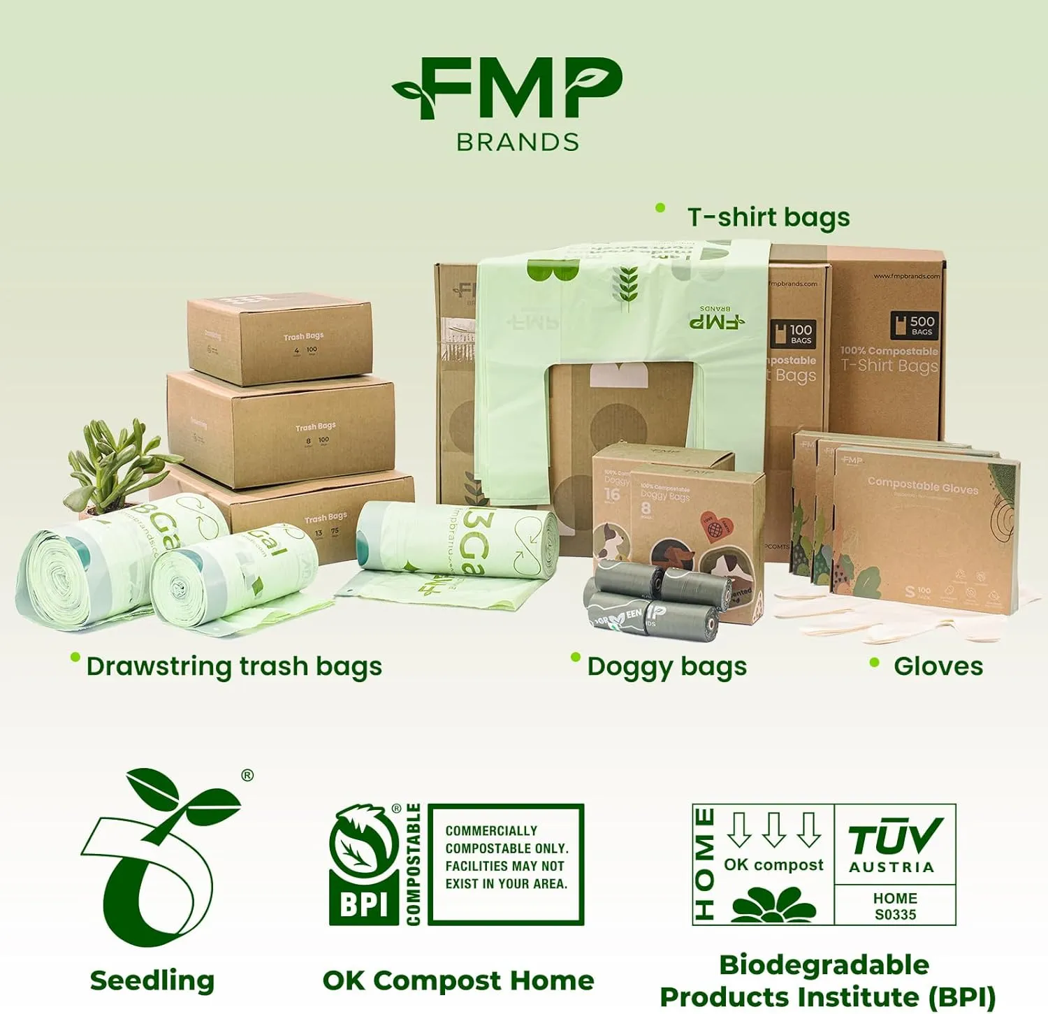 FMP Brands 200 Count 4 Gallon 100% Compostable Trash Bags with Drawstring, Extra Thick 0.8 Mil, Leak-Proof Small Kitchen Garbage Bag, Waste Basket Liners, ASTM D6400, US BPI, OK Compost Certified